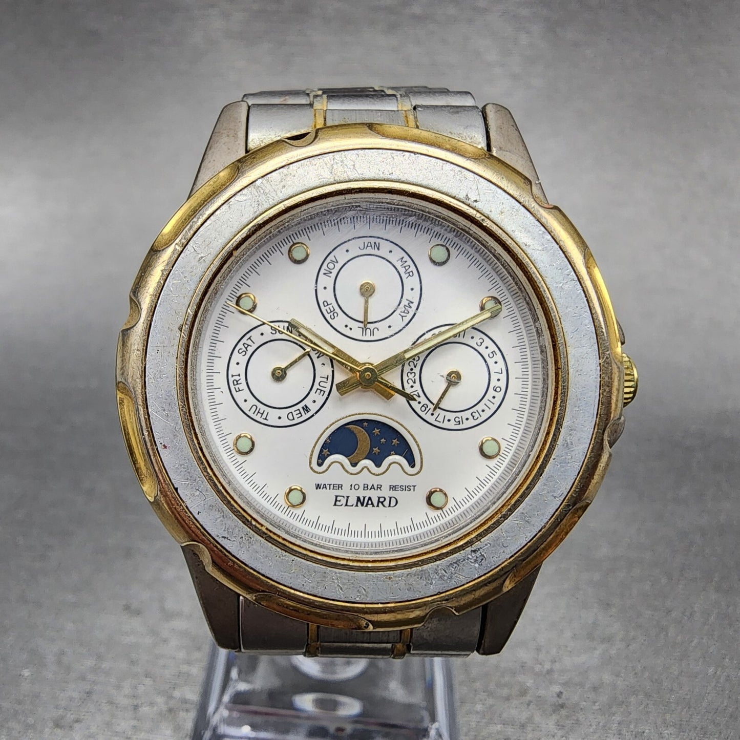 Elnard Triple Calendar Watch Men 37mm White Dial Two Tone Sun&Moon Round New Bat