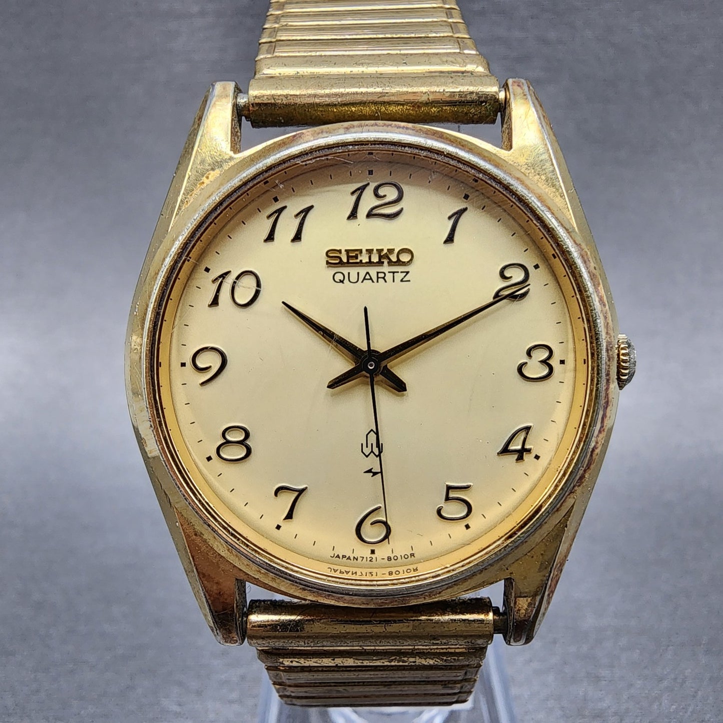 Seiko Watch Men 36mm Champagne Dial Gold Tone Round 7121-8000 New Battery