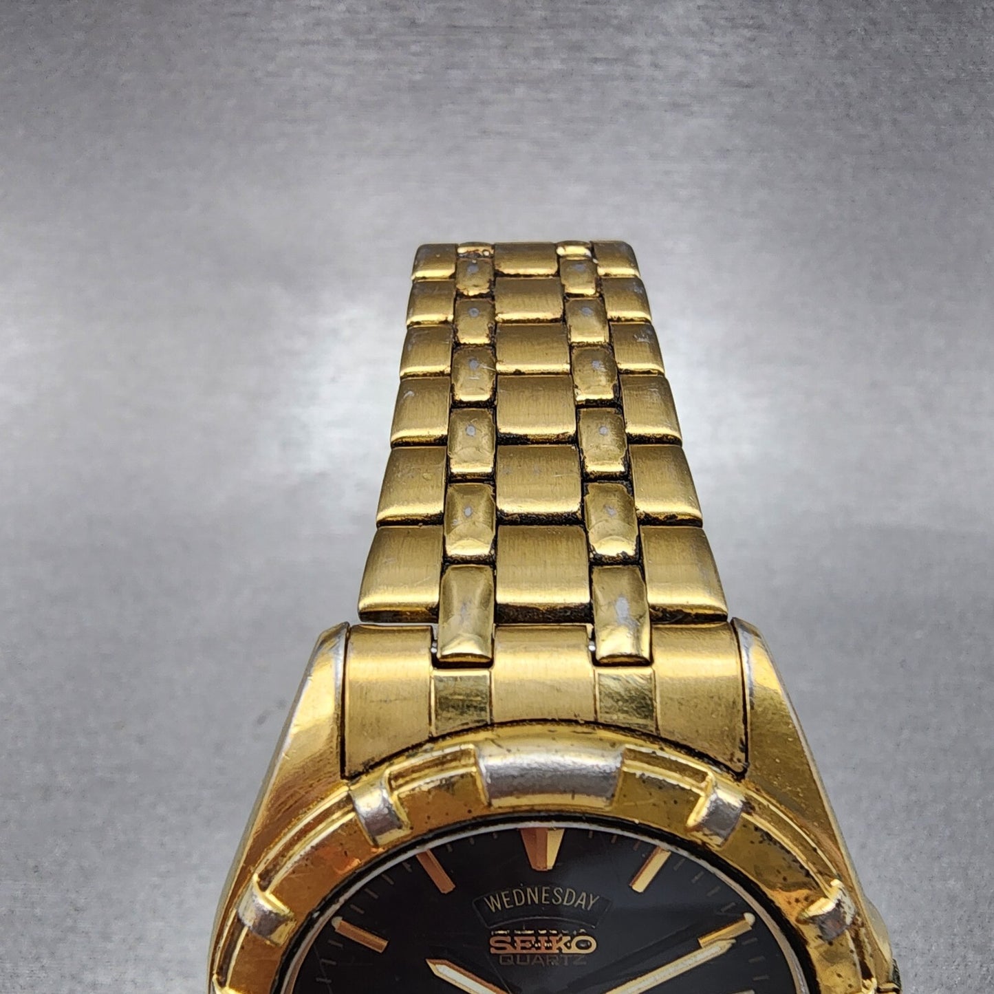 Seiko Watch Men 37mm Black Dial Gold Tone Daydate 7n43-6a79 New Battery