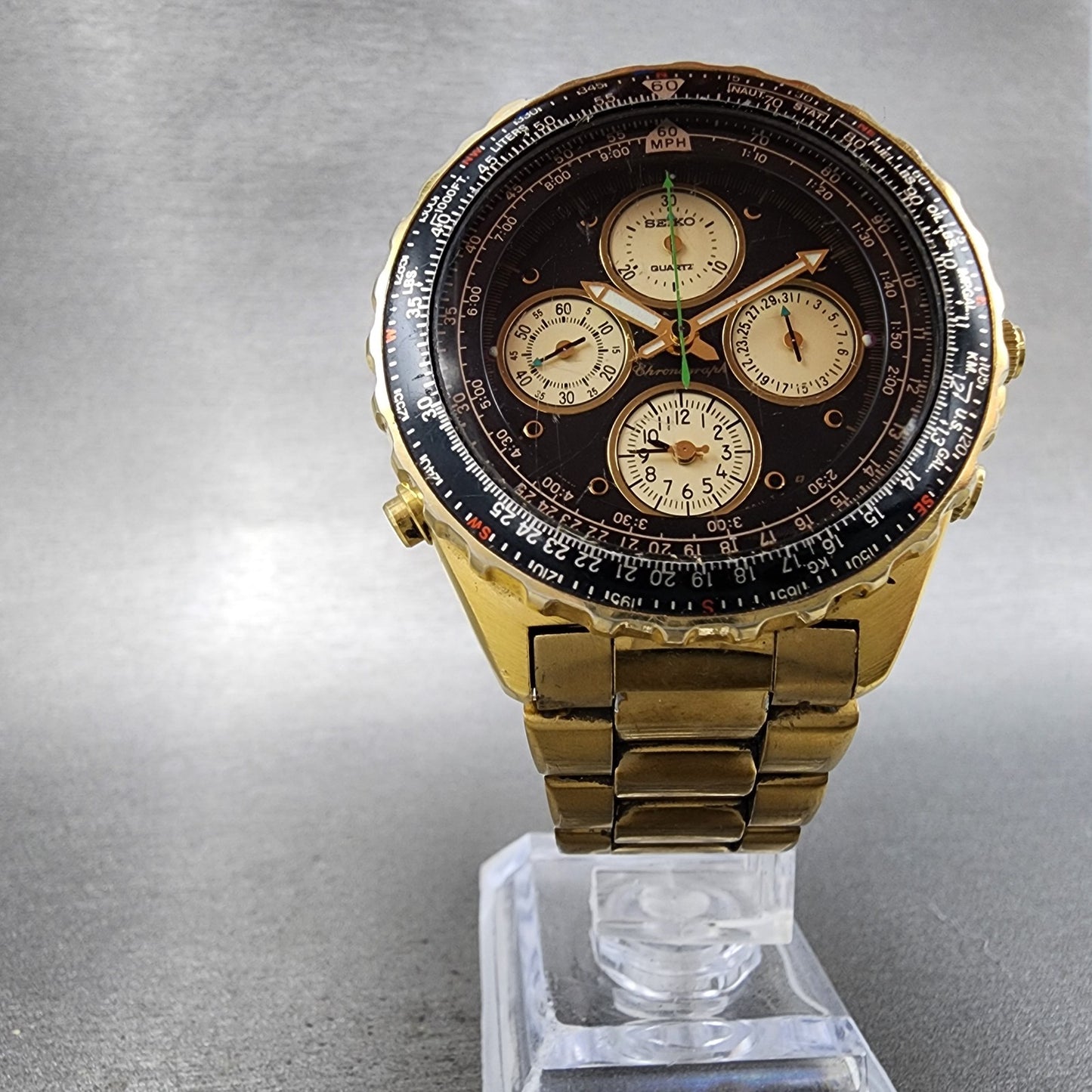 Seiko Flightmaster Chronograph Watch Men 41mm Black Dial Gold Tone READ New Batt
