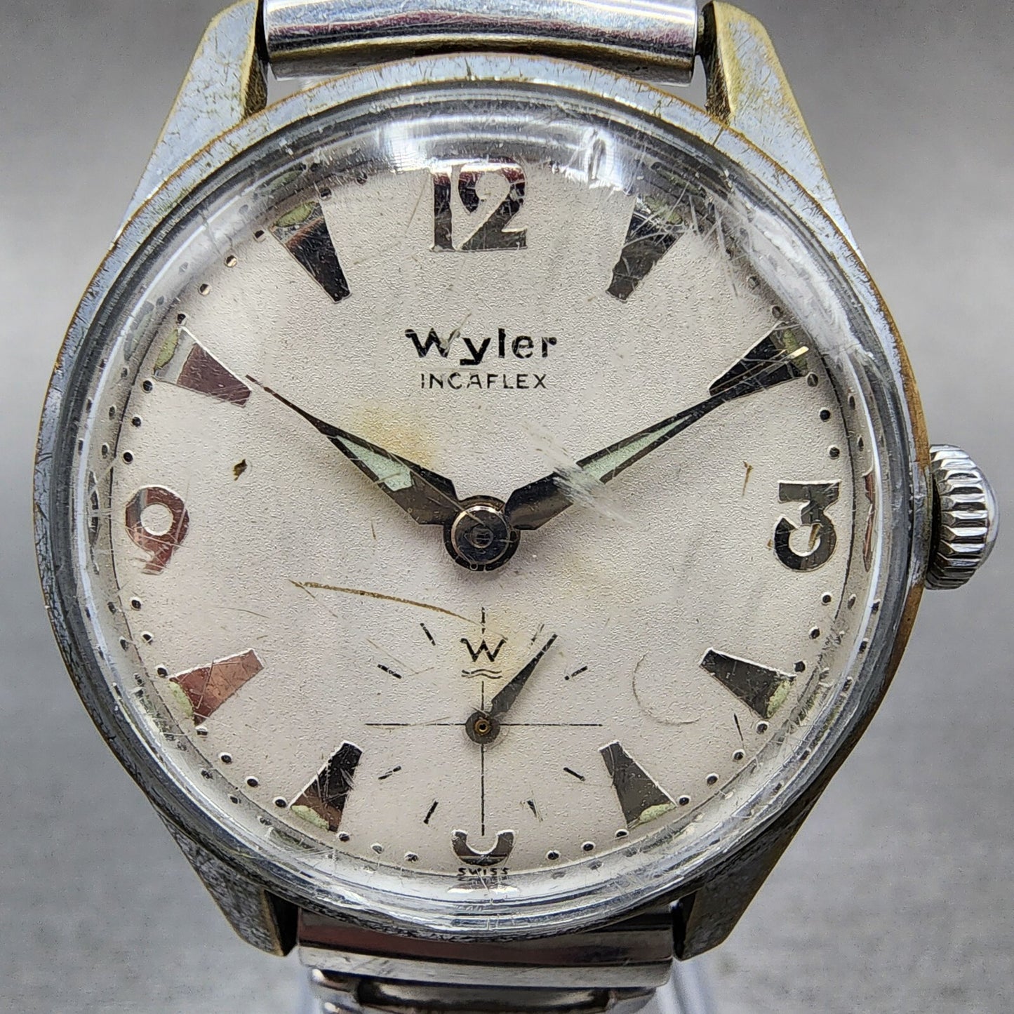 Wyler Inca flex Watch Men 32mm White Dial Silver Tone Small Seconds Manual READ!