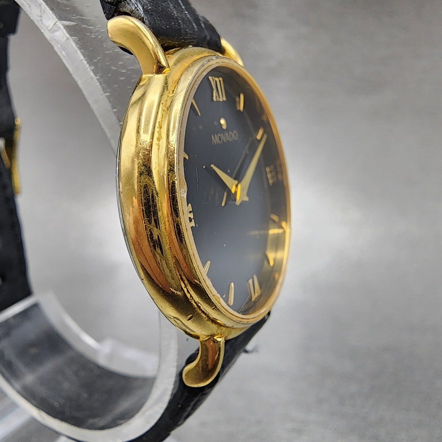 Movado Watch Women 28mm Black Dial Gold Tone Round 87.66.835 New Battery VTG