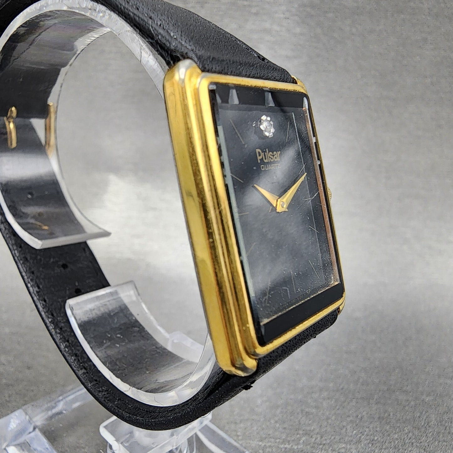 Pulsar Tank Watch Men 24mm Black Dial Gold Tone Rectangle V320-5059 New Batt