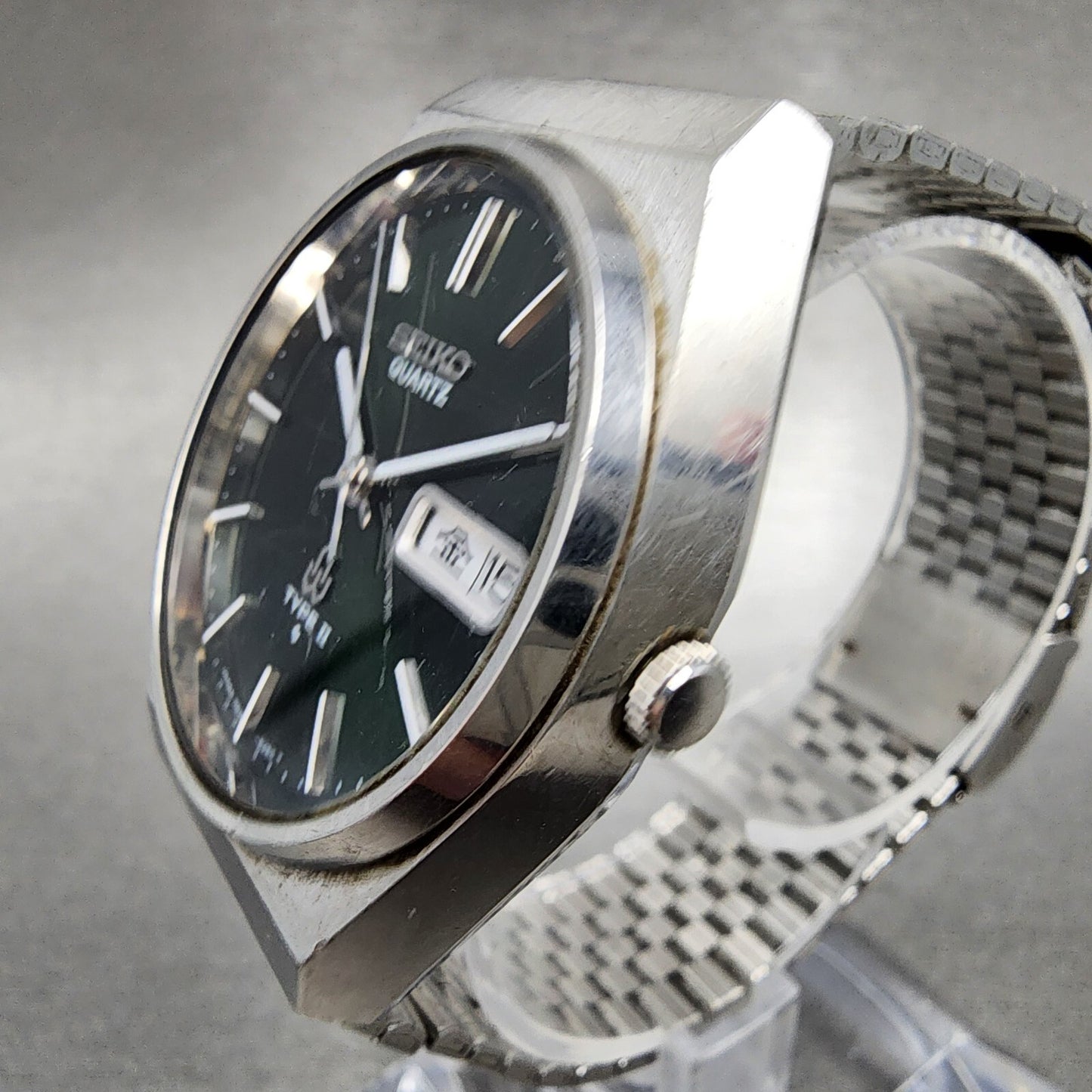 Seiko Type II Watch Men 36mm Green Dial Silver Tone Daydate 7546-8230 New Batt
