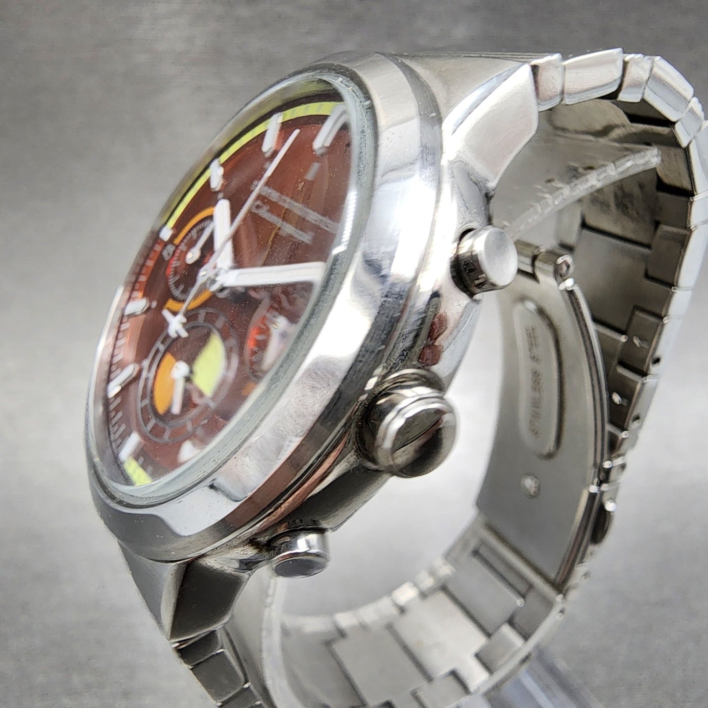 Trans Continents Chronograph Watch Men 38mm Orange Dial Silver Tone Date New Bat