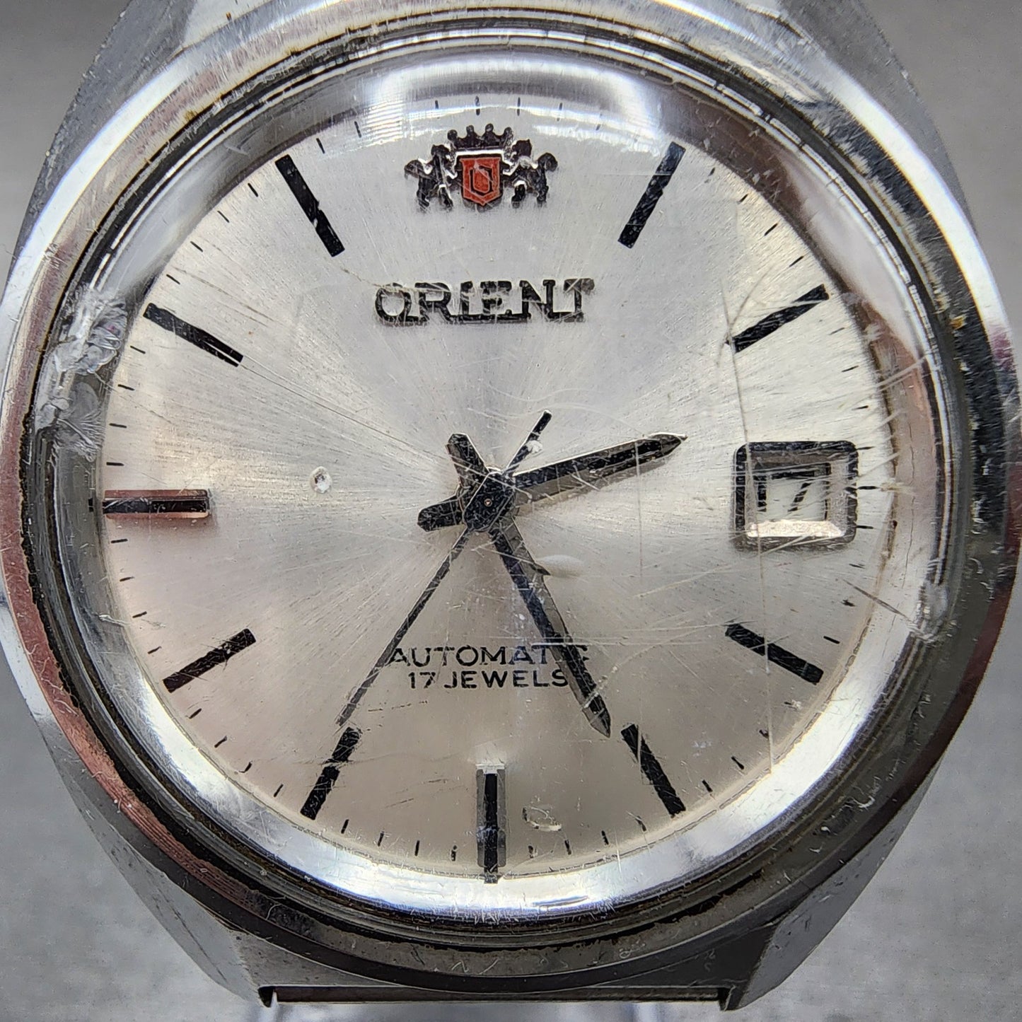 Orient Automatic Watch Men 37mm White Dial SIlver Tone Date NO CROWN Runs VTG