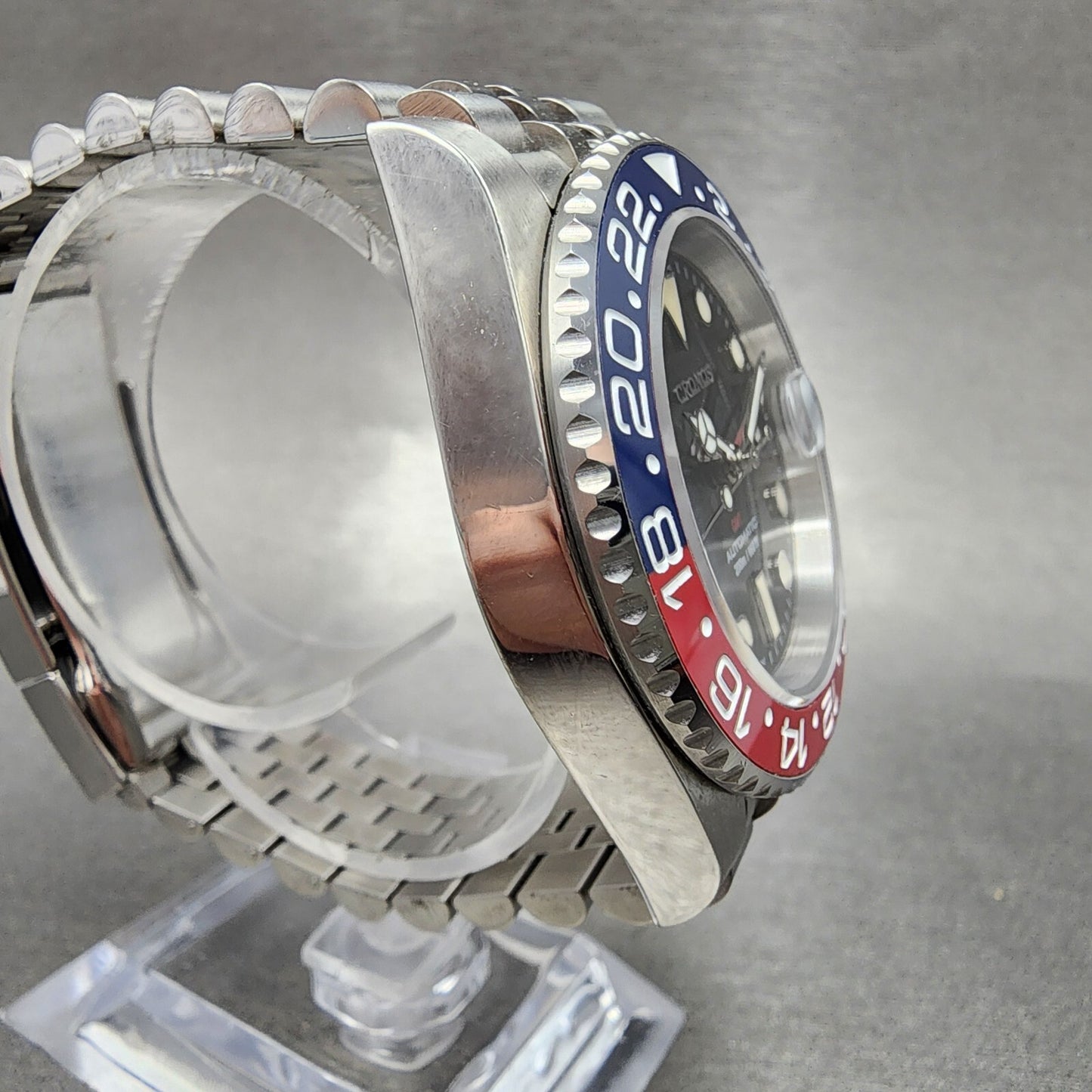 Cronos Pepsi GMT Watch Men 41mm Black Dial Steel Date Automatic Round Runs