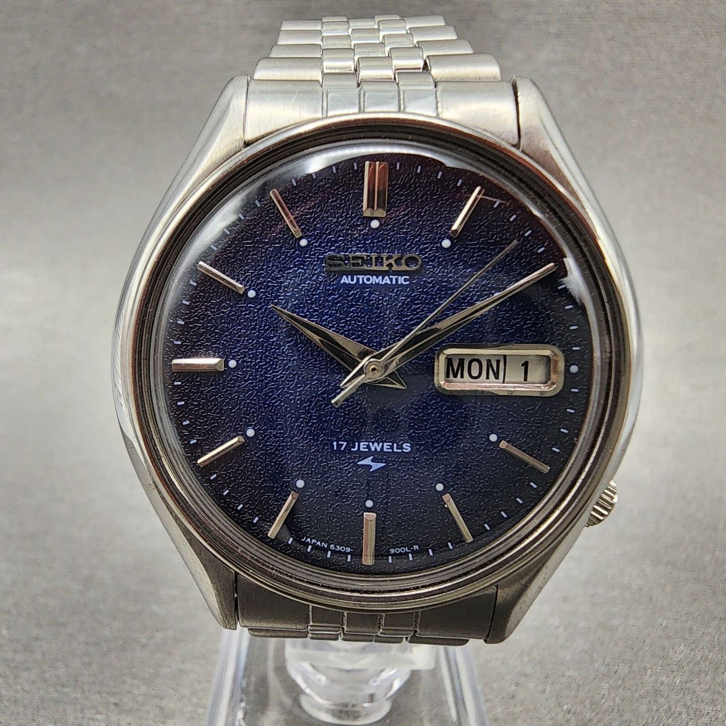 Seiko Automatic Watch Men 38mm Blue Texture Dial Steel Daydate 6309-8480 Runs AB
