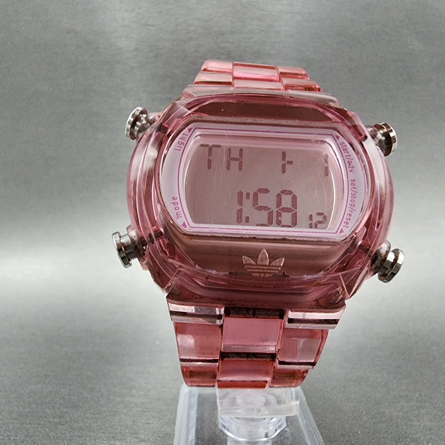 Adidas Digital Watch Women 44mm LCD Display Pink Clear Case Oval New Battery