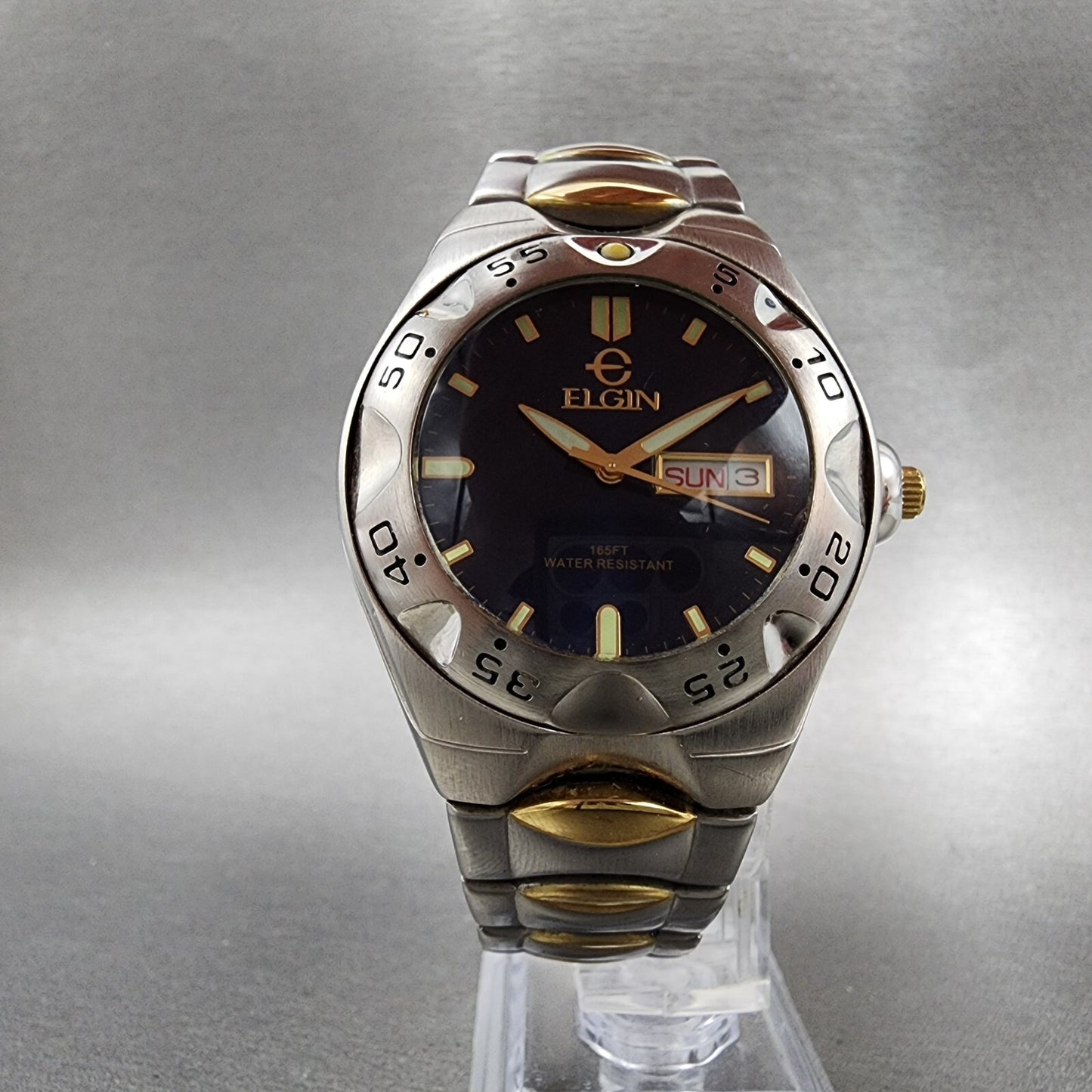 Elgin Watch Men 39mm Blue Dial Two Tone Daydate Round 2105 FC 775 New Battery