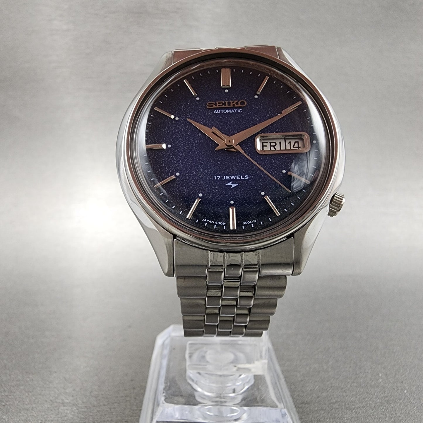 Seiko Automatic Watch Men 38mm Blue Texture Dial Steel Daydate 6309-601A Runs