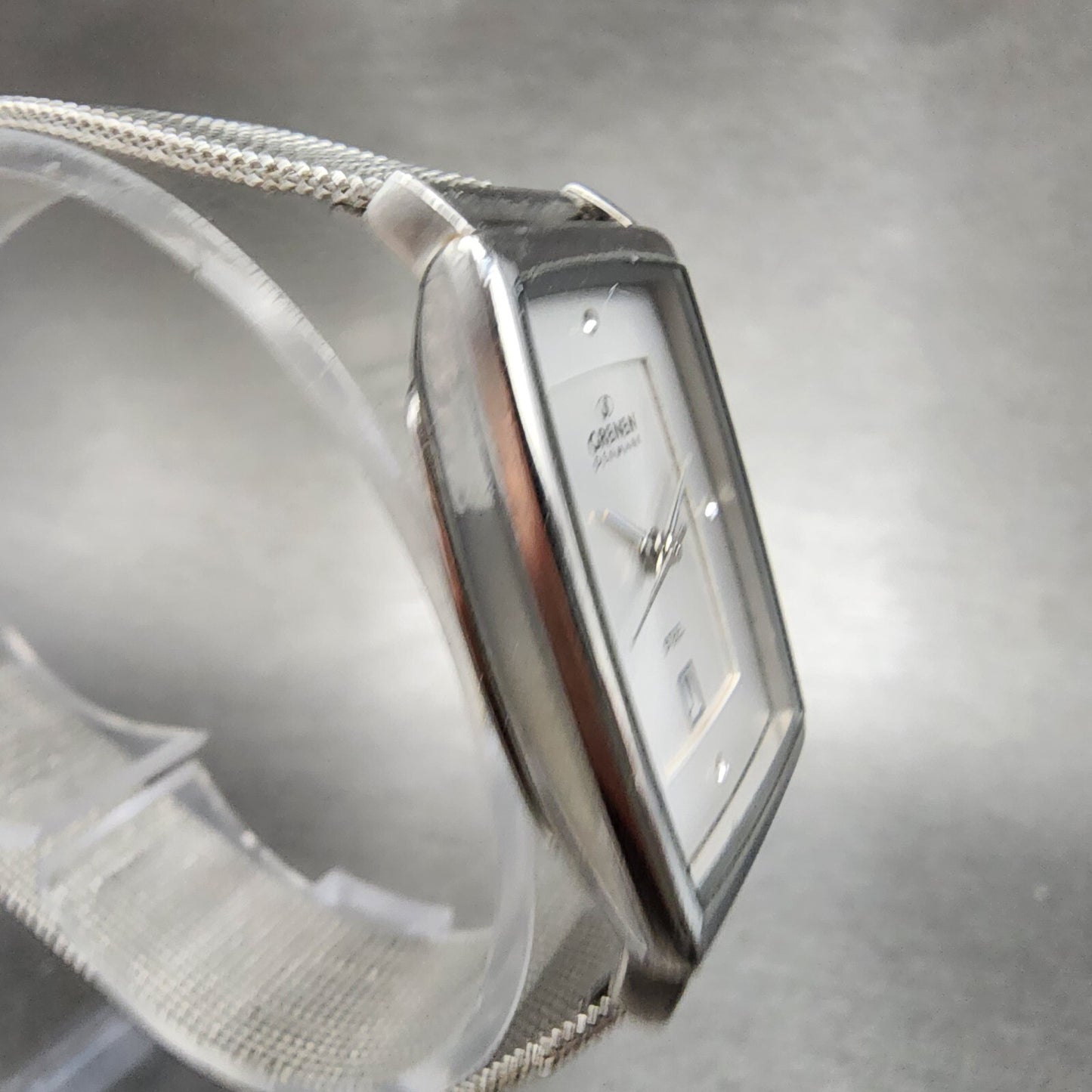 Skagen Grenen Tank Watch Women 23mm Silver Dial Steel Date Rectangle New Battery