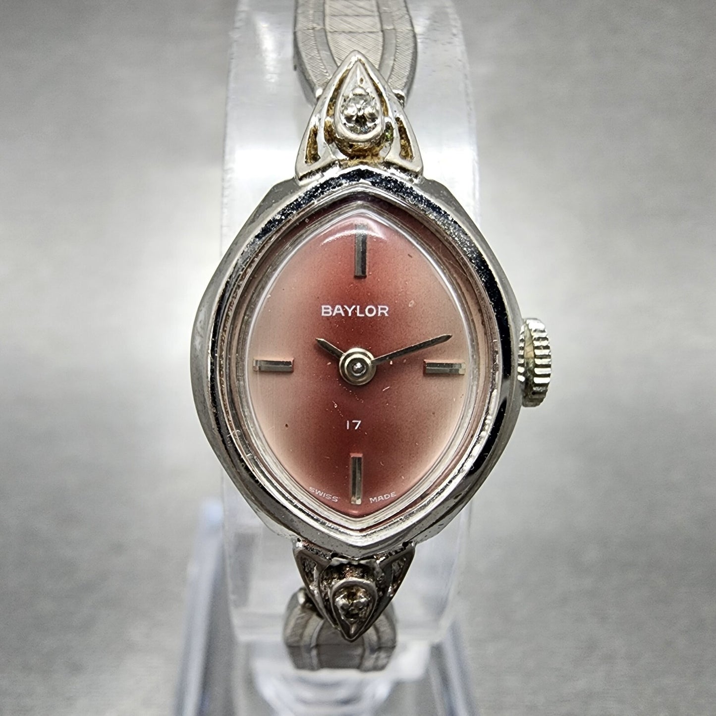 VTG Baylor Watch Women 17mm Pink Dial Silver Tone Oval Manual Wind Runs