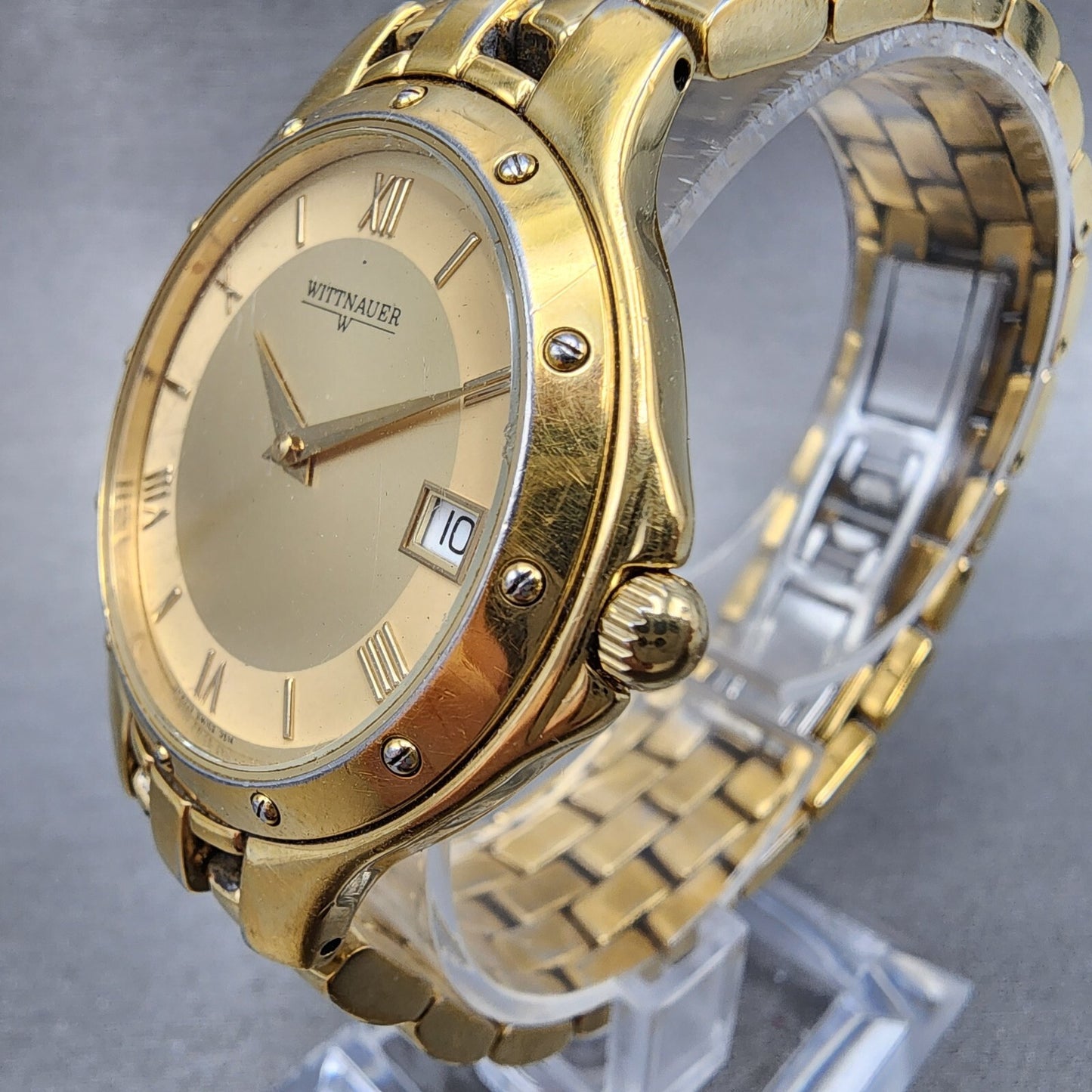 Wittnauer Watch Men 35mm Gold Dial Gold Tone Date Round JV8223 9514 New Battery