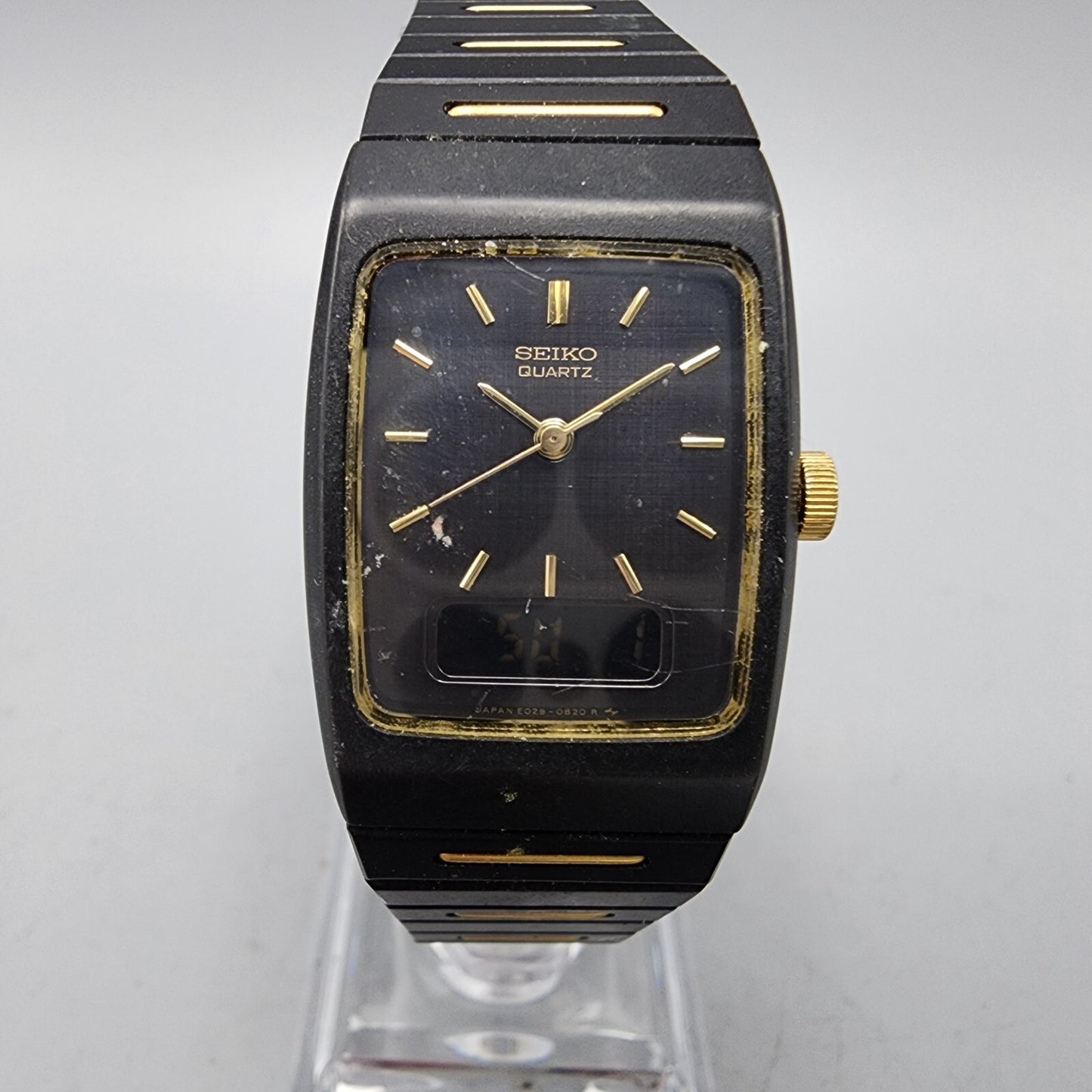 VTG Seiko Watch Women 22mm Analog Digital Black Gold Tone Rectangle New Battery