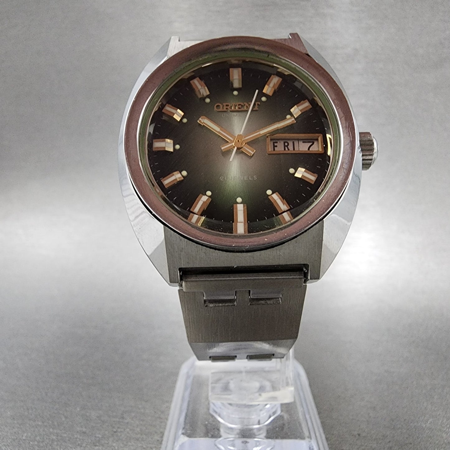 Orient Unimatic Watch Men 37mm Green Dial Daydate Steel Cushion f149-10660 Runs