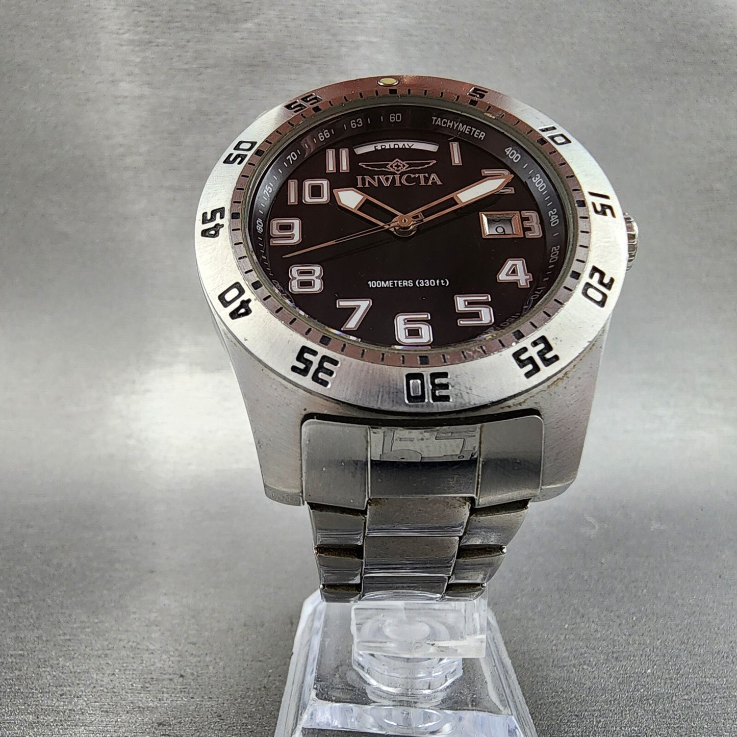Invicta Watch Men 44mm Black Dial Silver Tone Daydate Round New Battery