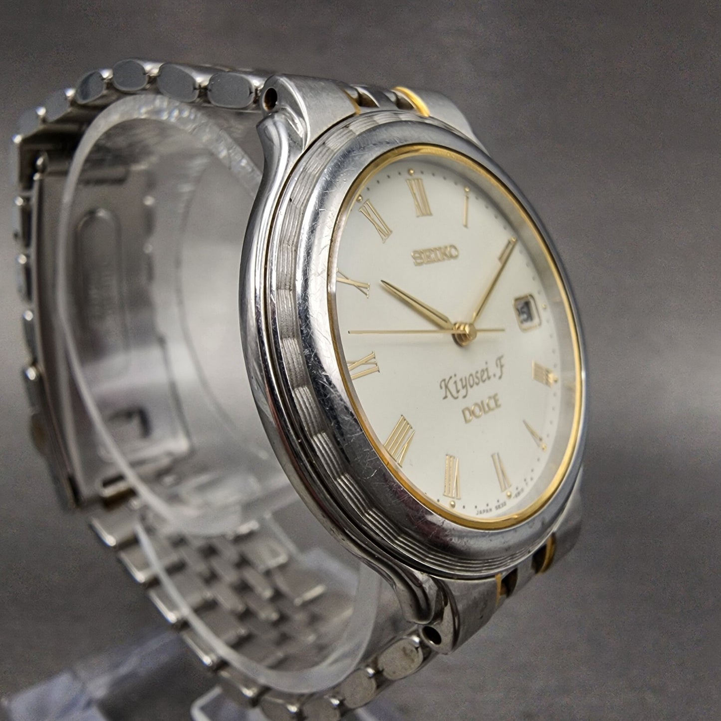 Seiko Dolce Watch Men 35mm White Dial Two Tone Round Date 5e32-6b00 New Battery