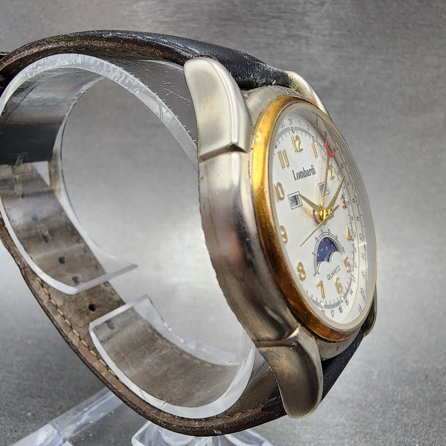 Lombardi Triple Calendar Moonphase Watch Men 35mm White Dial Two Tone New Batt