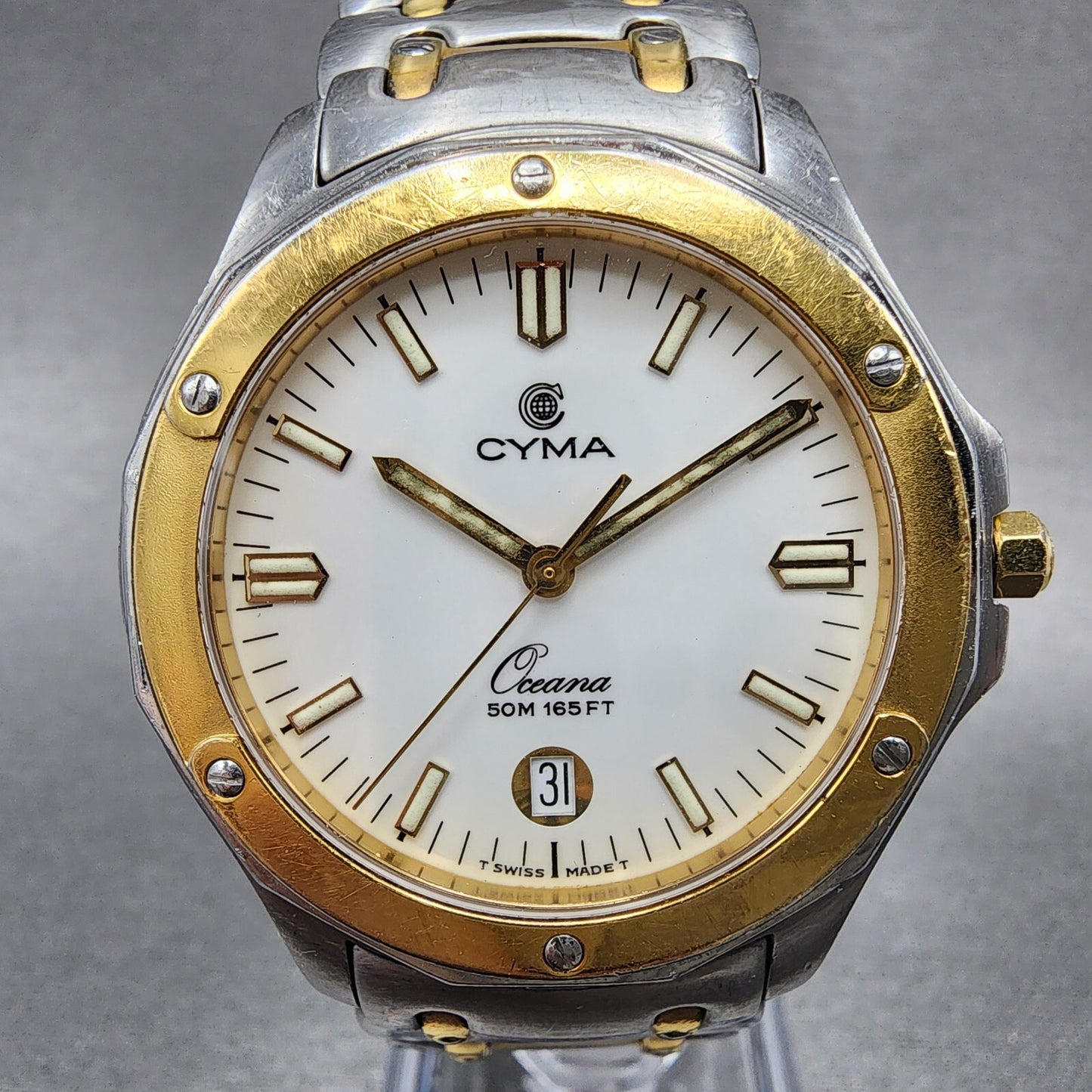 Cyma Oceana Watch Men 36mm White Dial Two Tone Date New Battery