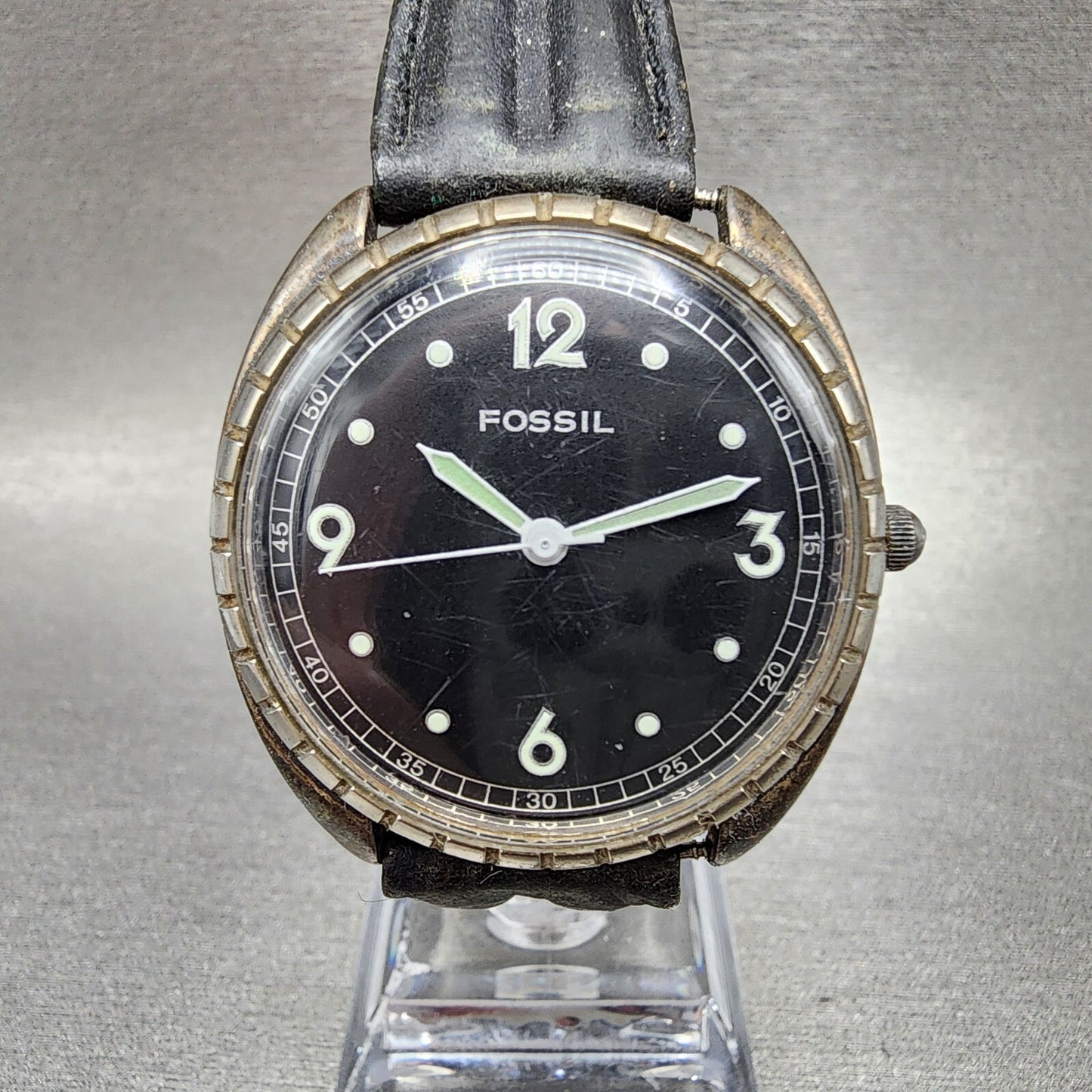 Fossil Watch Men 35mm Black Dial Silver Tone Round VT-2420 New Battery