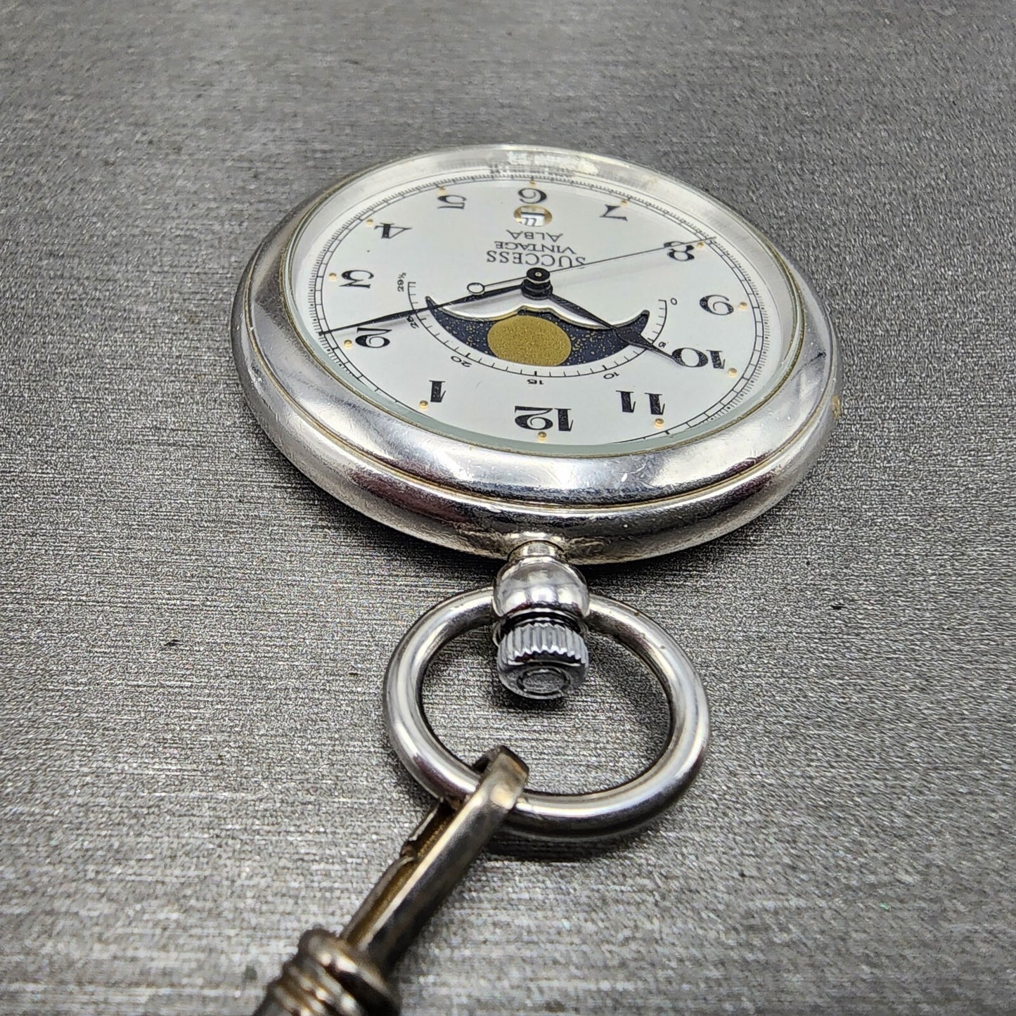 ALBA Success Pocket Watch Men 40mm White Dial Steel Moonphase Date New Battery