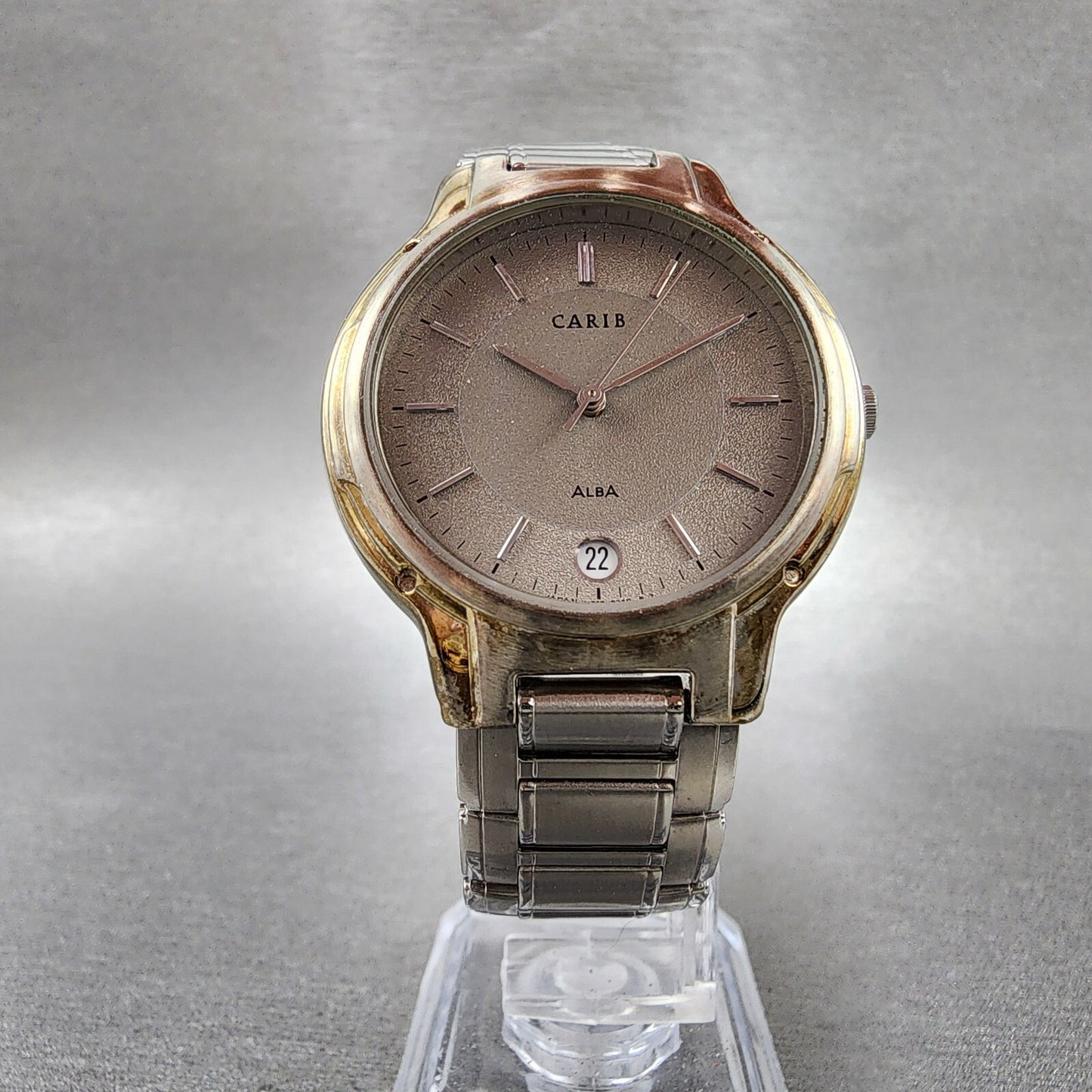 Seiko ALBA Carib Watch Men 35mm Gray Dial Silver Tone Round V742-8030 New Batt