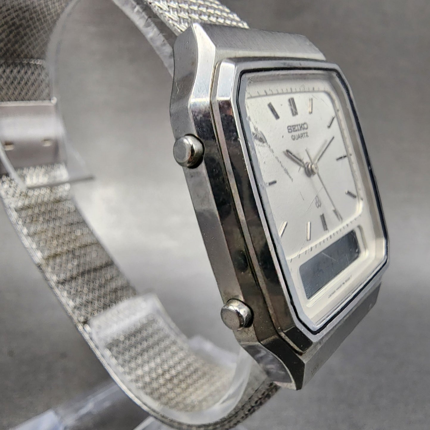 Seiko Tank Watch Men 31mm Analog Digital Silver Dial Steel H449-5000 New Battery