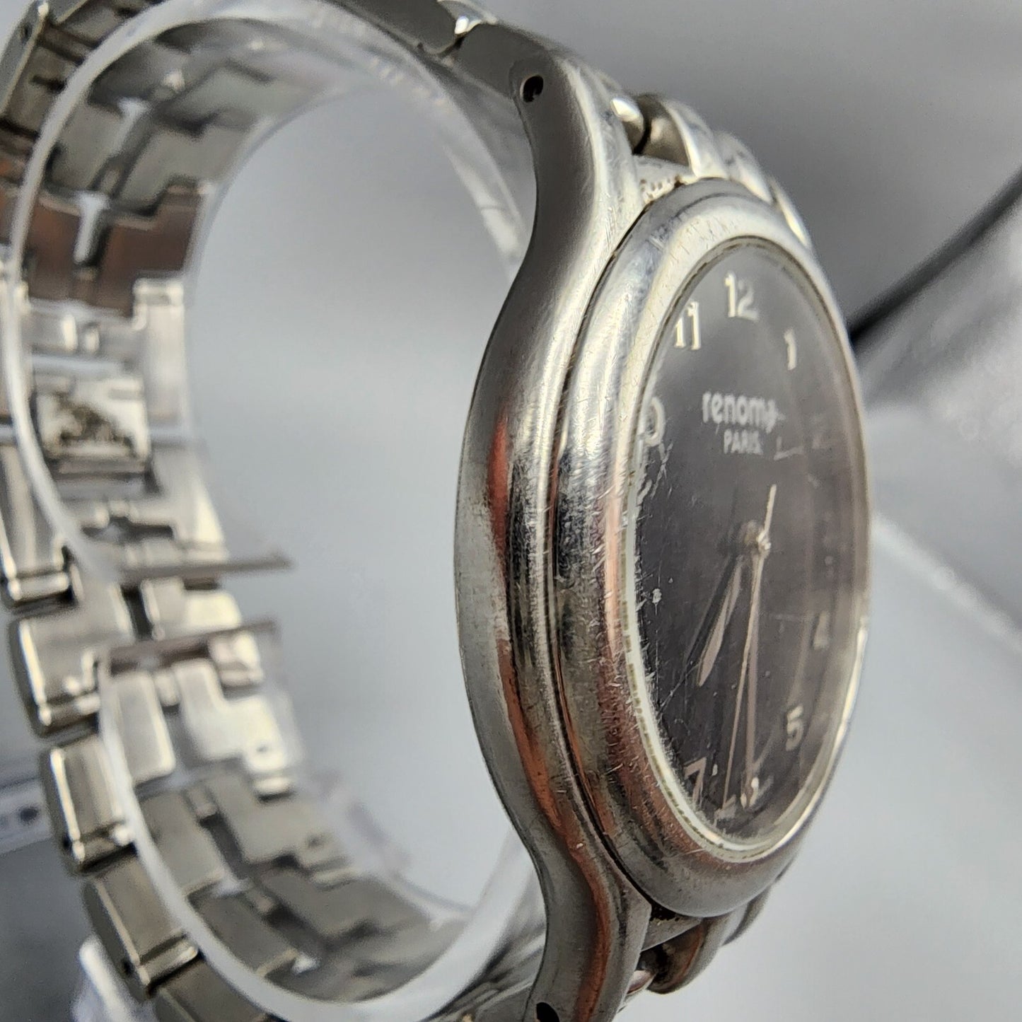 Vintage Renoma Watch Men Silver Tone Black Dial 35mm Round New Battery