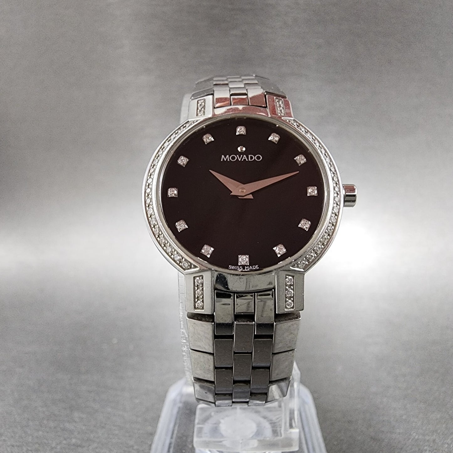 Movado Faceto Watch Women 25mm black Dial Steel Diamonds Round 605586 New Batt