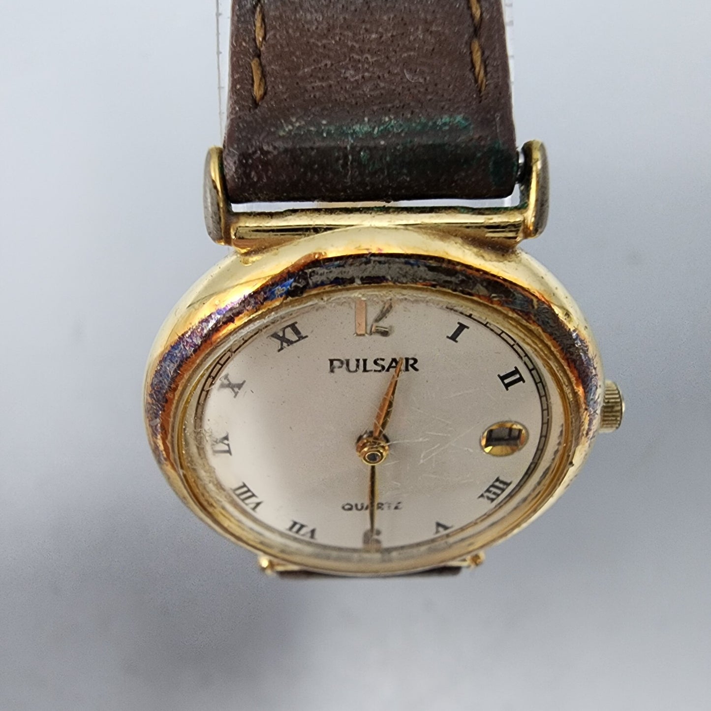 VTG Pulsar Watch Women Gold Tone Cream Dial Date 25mm Round V249-0030 New Batt