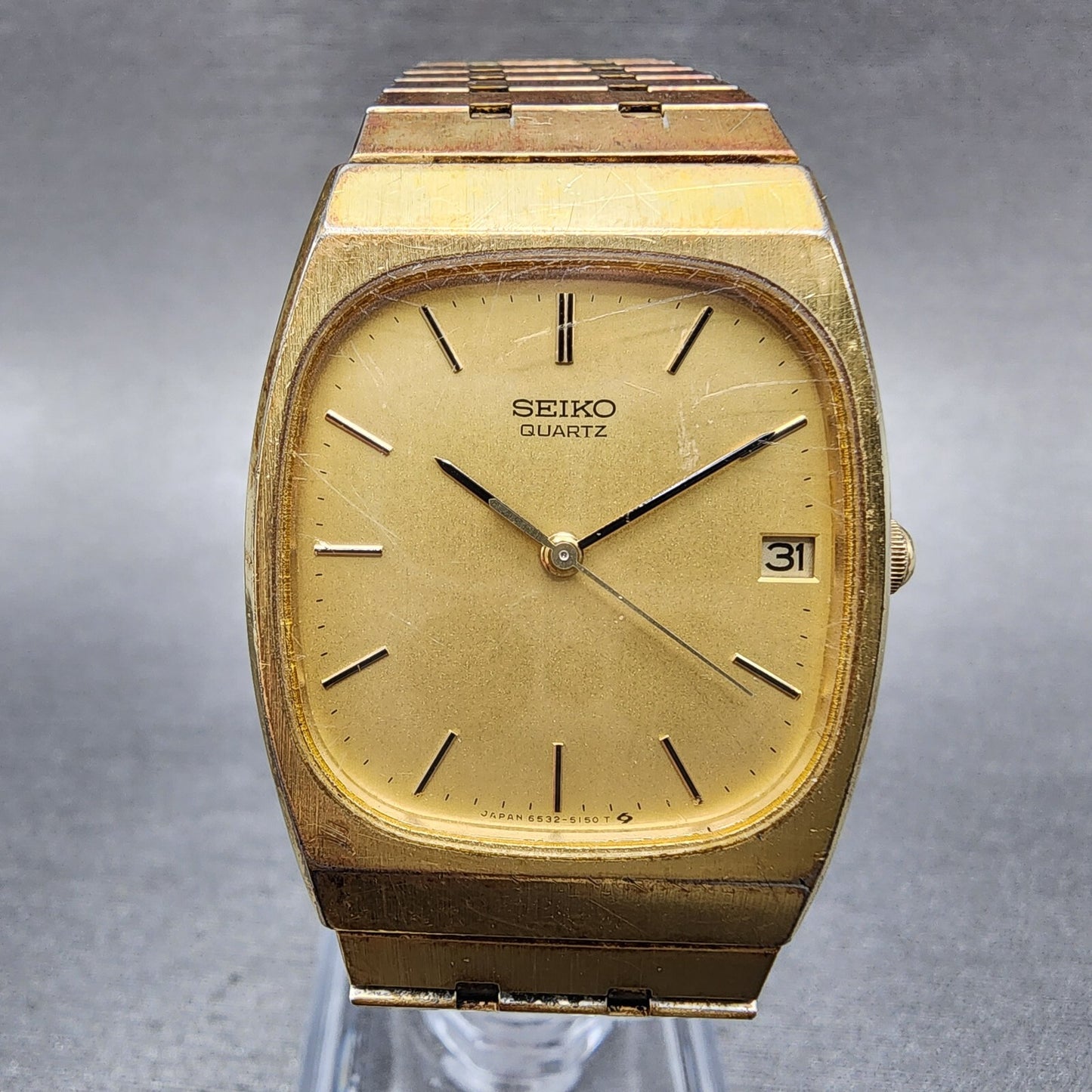 Seiko Tank Watch Men 28mm Gold Dial Gold Tone Rectangle 6532-5119 New Battery