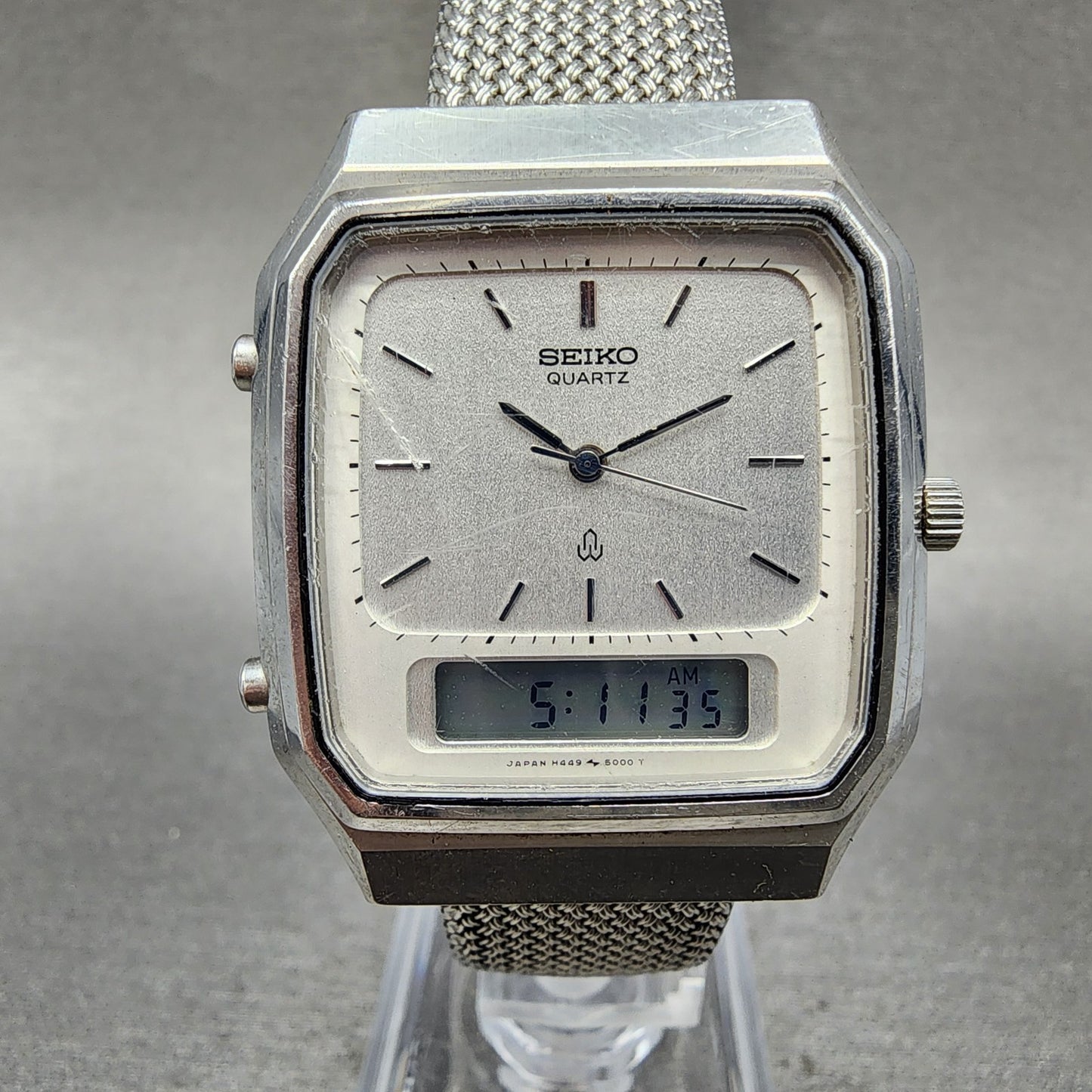 Seiko Tank Watch Men 31mm Analog Digital Silver Dial Steel H449-5000 New Battery