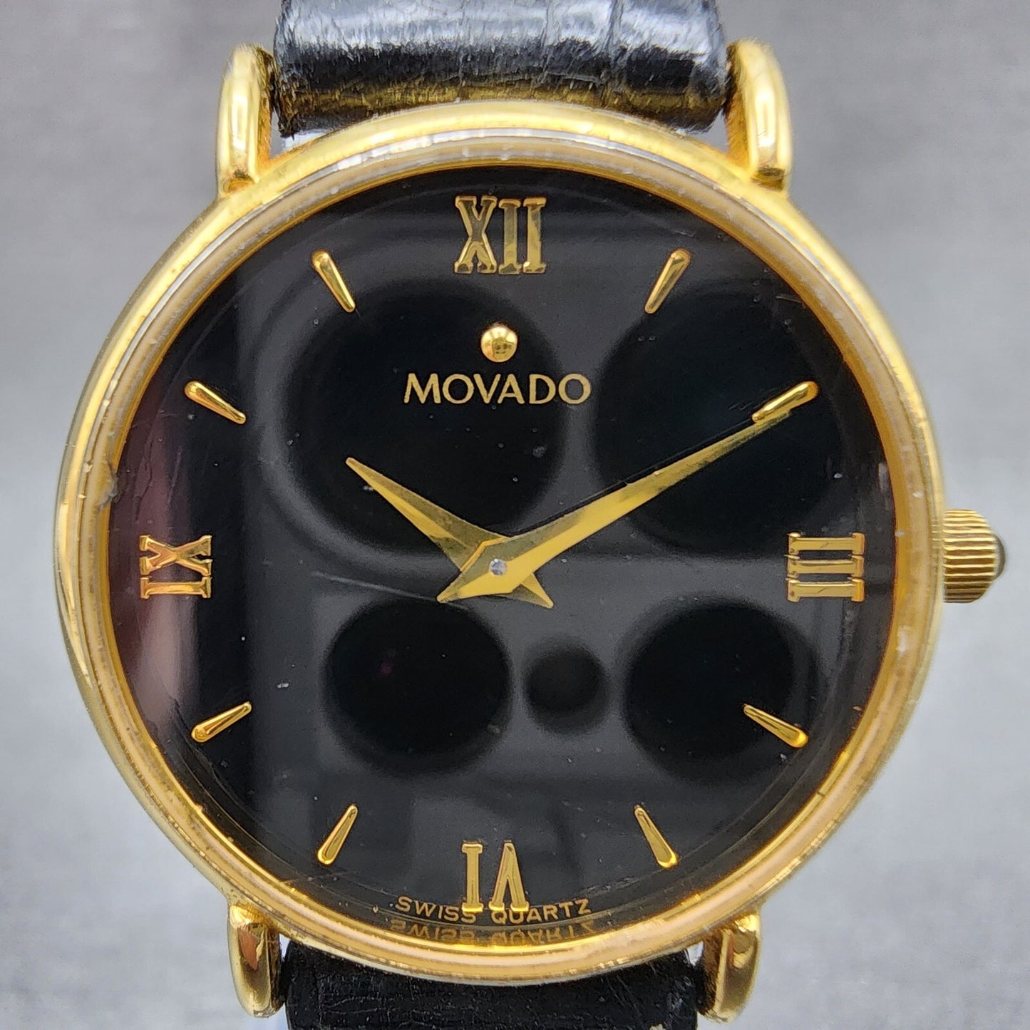 Movado Watch Women 28mm Black Dial Gold Tone Round 87.66.835 New Battery VTG