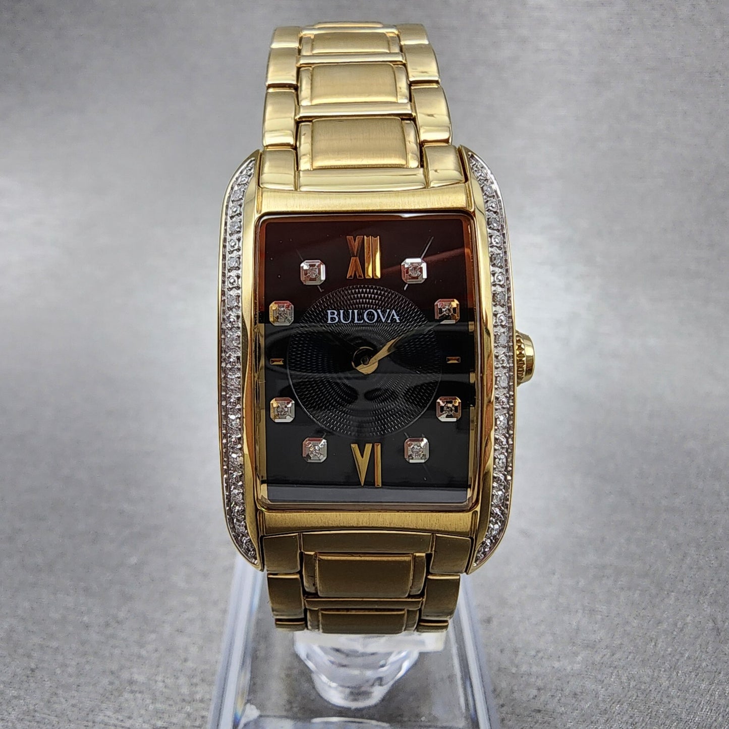 Bulova Sutton Tank Watch Women Black Dial Gold Tone Diamond Bezel New Battery