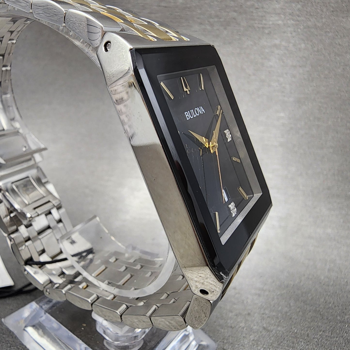 Bulova Quadra Tank Watch Women 21mm Black Dial Two Tone Rectangle 98P185 CHIPPED