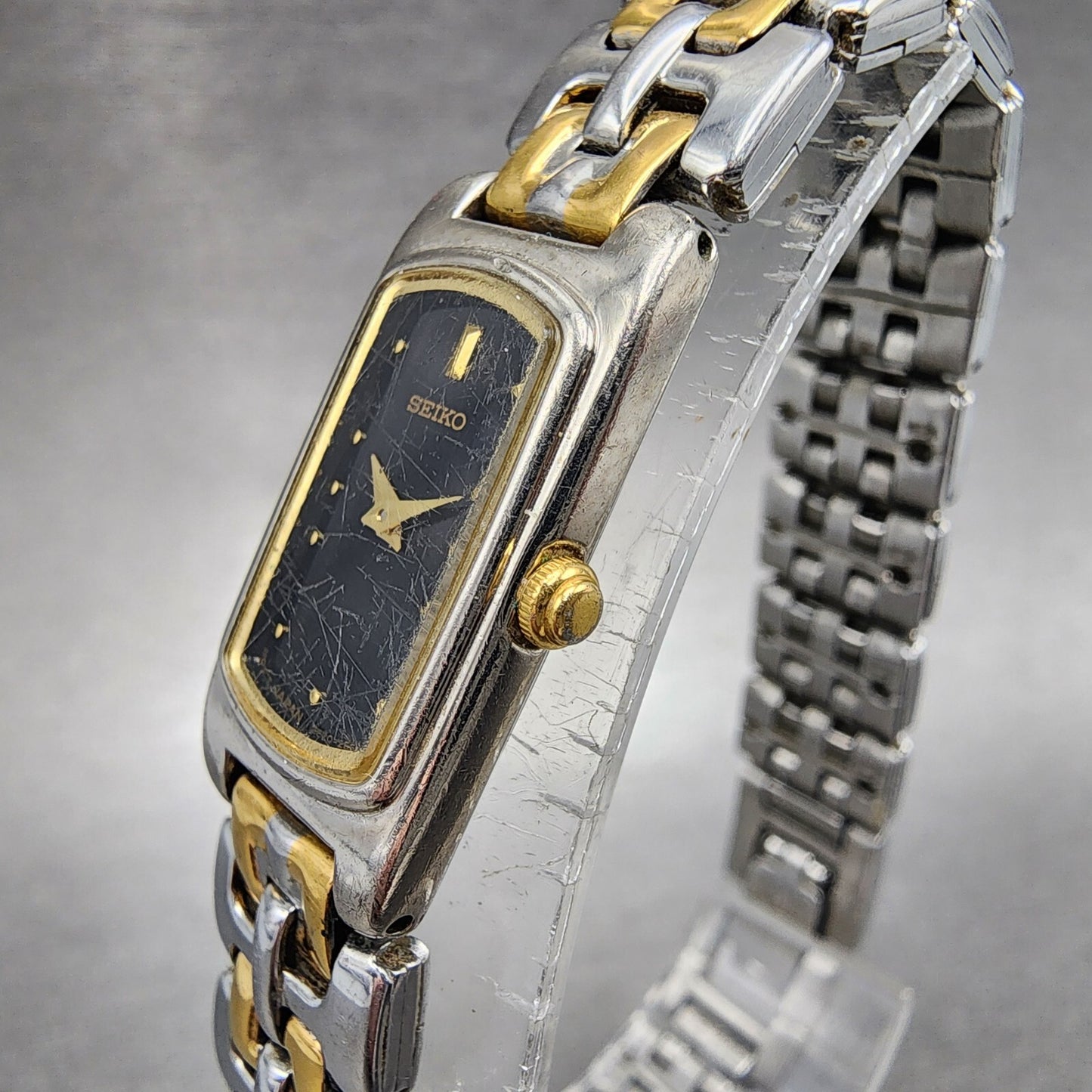 Seiko Watch Women 14mm Black Dial Two Tone Rectangle 2E20-7289 New Battery