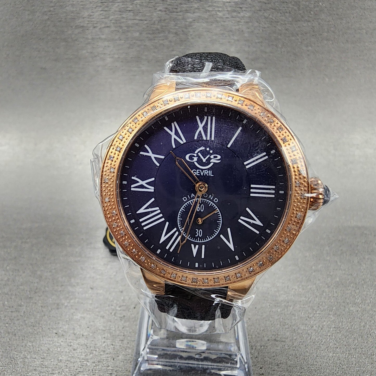 Gevril GV2 Astor Watch Women 40mm Blue Dial Rose Gold Tone Diamond Bezel 9109