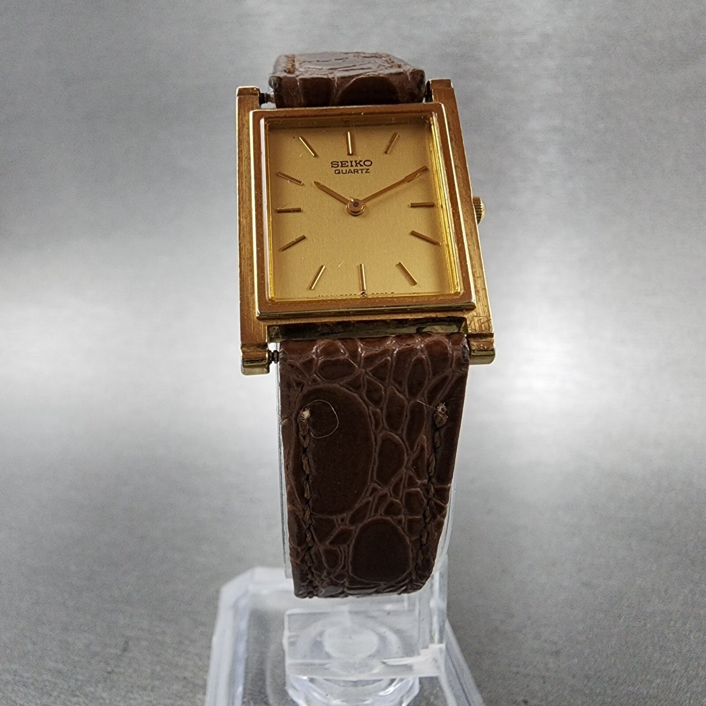 Seiko Tank Watch Women 20mm Champagne Dial Gold Tone 7320-5430 New Battery