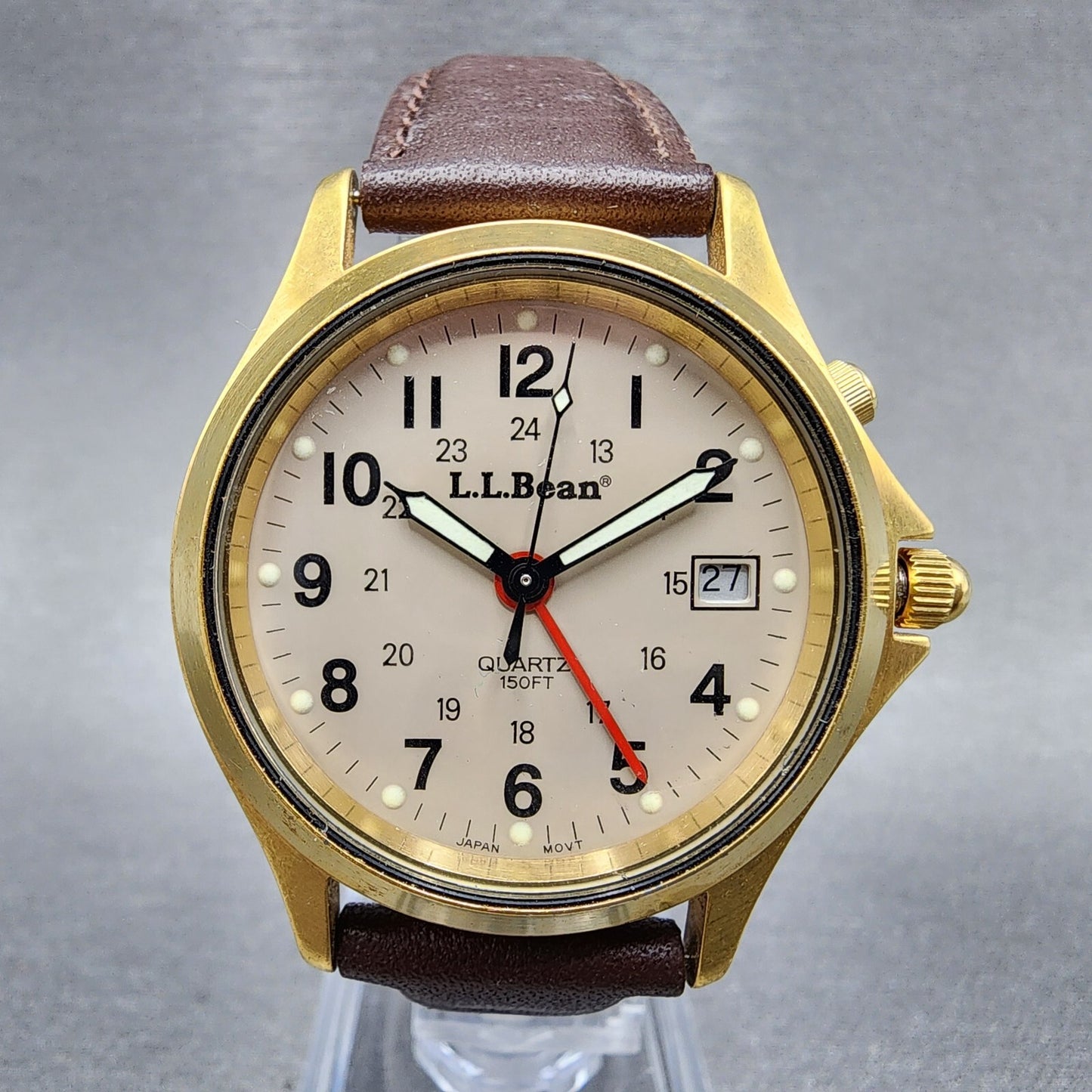 LL Bean Alarm Watch Men 34mm Gray Dial Gold Tone Date Round New Battery