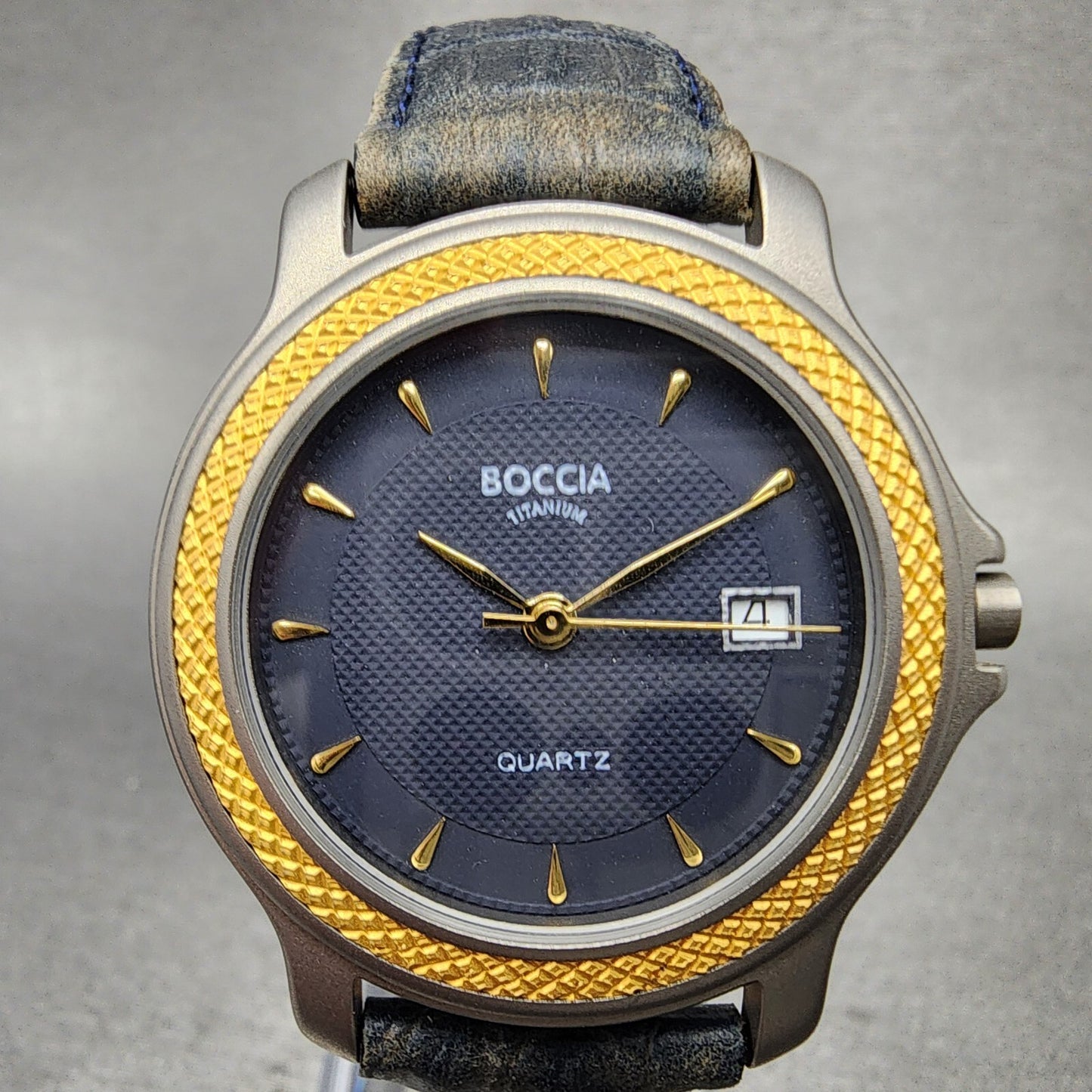 Boccia Titanium Watch Men 36mm Blue Dial Two Tone Leather Band Round New Battery