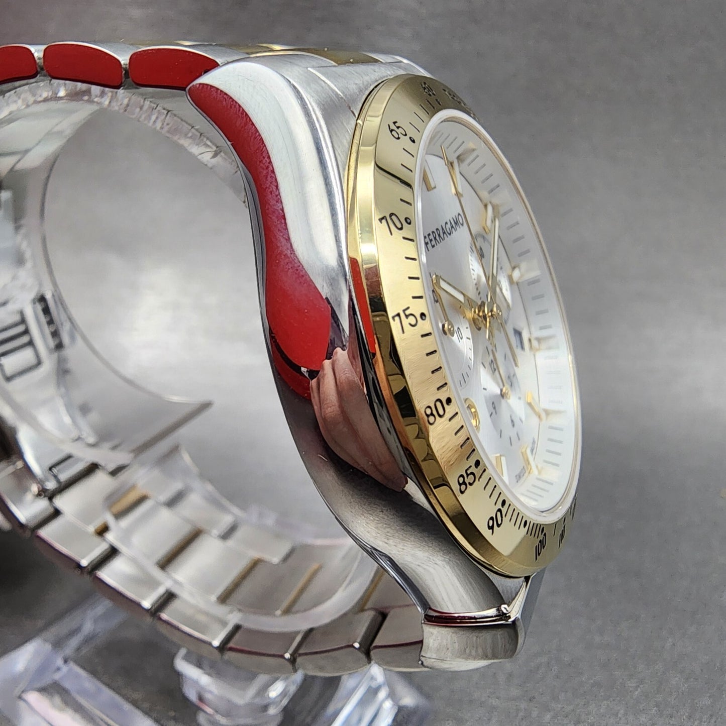 Ferragamo 1927 Chronograph Watch Men 42mm White Dial Two Tone Date Round W/Box