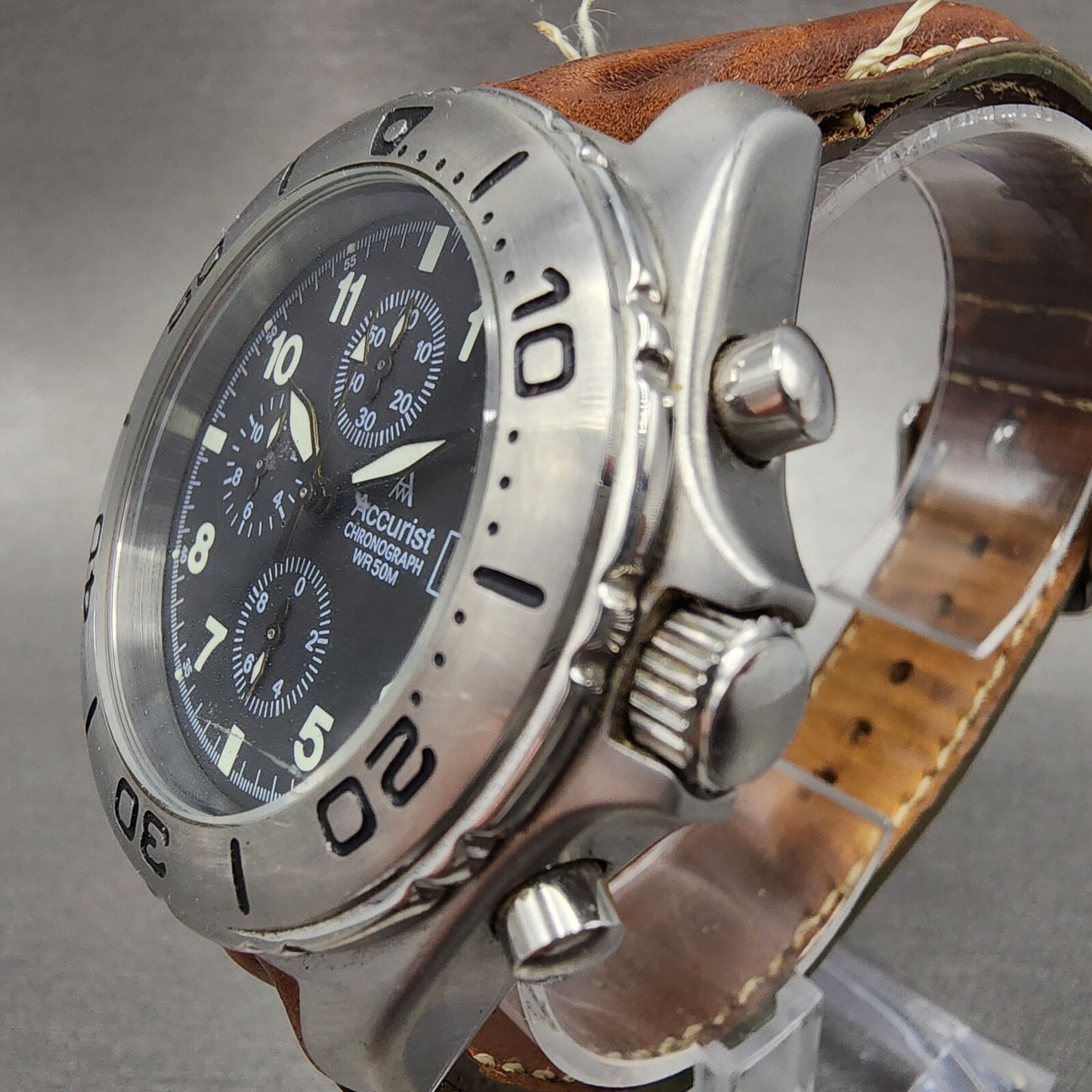 Accurist Chronograph Watch Men 41mm Black Dial Steel Date Round New Battery READ