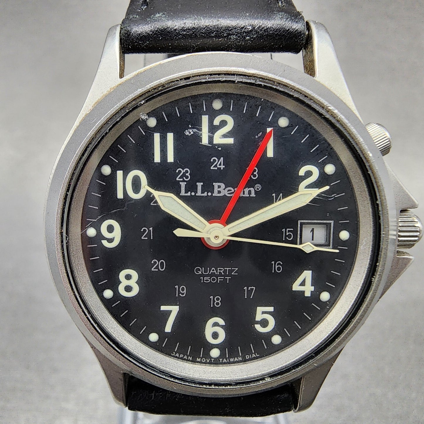 LL Bean Alarm Watch Men 34mm Black Dial Stainless Steel Date Round New Battery