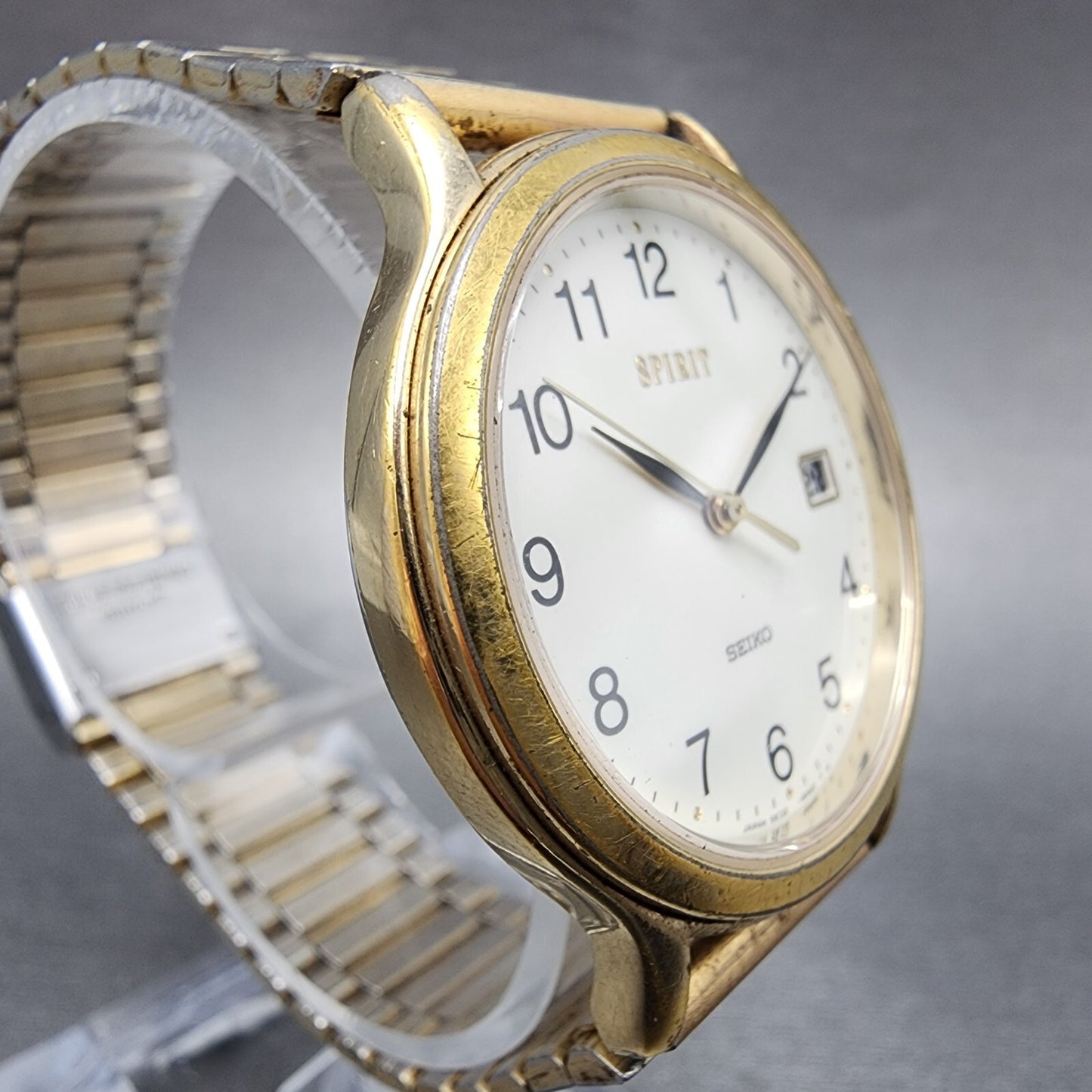 Seiko Spirit Watch Men 33mm White Dial Gold Tone Date Round 5E32-6A3A New Batt