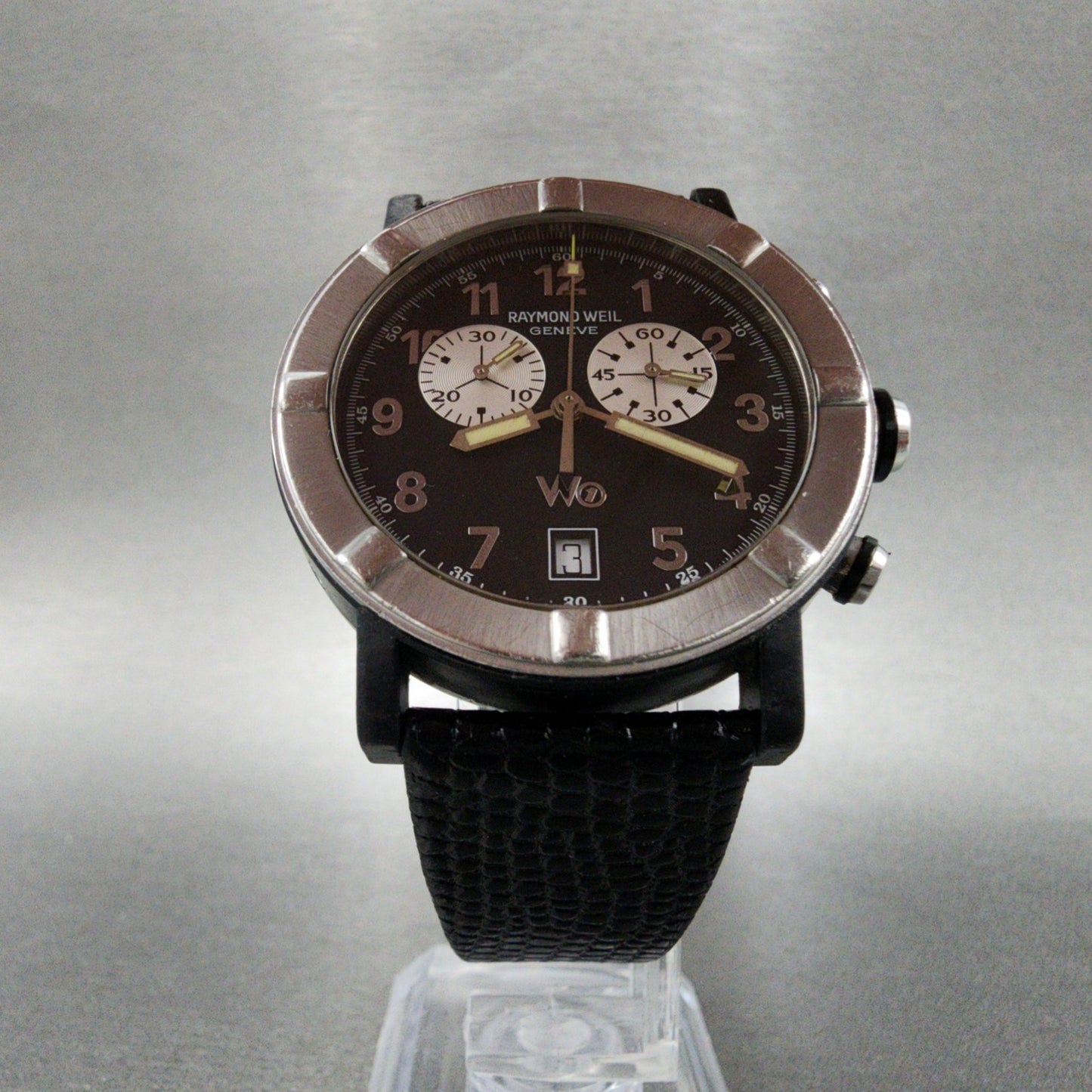 Raymond Weil W1 Chronograph Watch Men 38mm Black Dial Steel Date READ!! New Batt