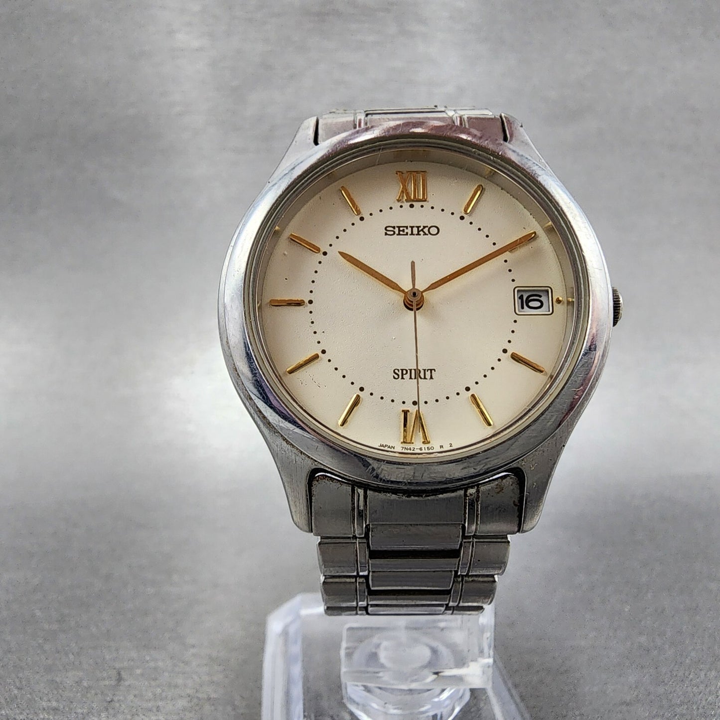 Seiko Spirit Watch Men 34mm Cream Dial Silver Tone Date 7n42-6110 New Battery