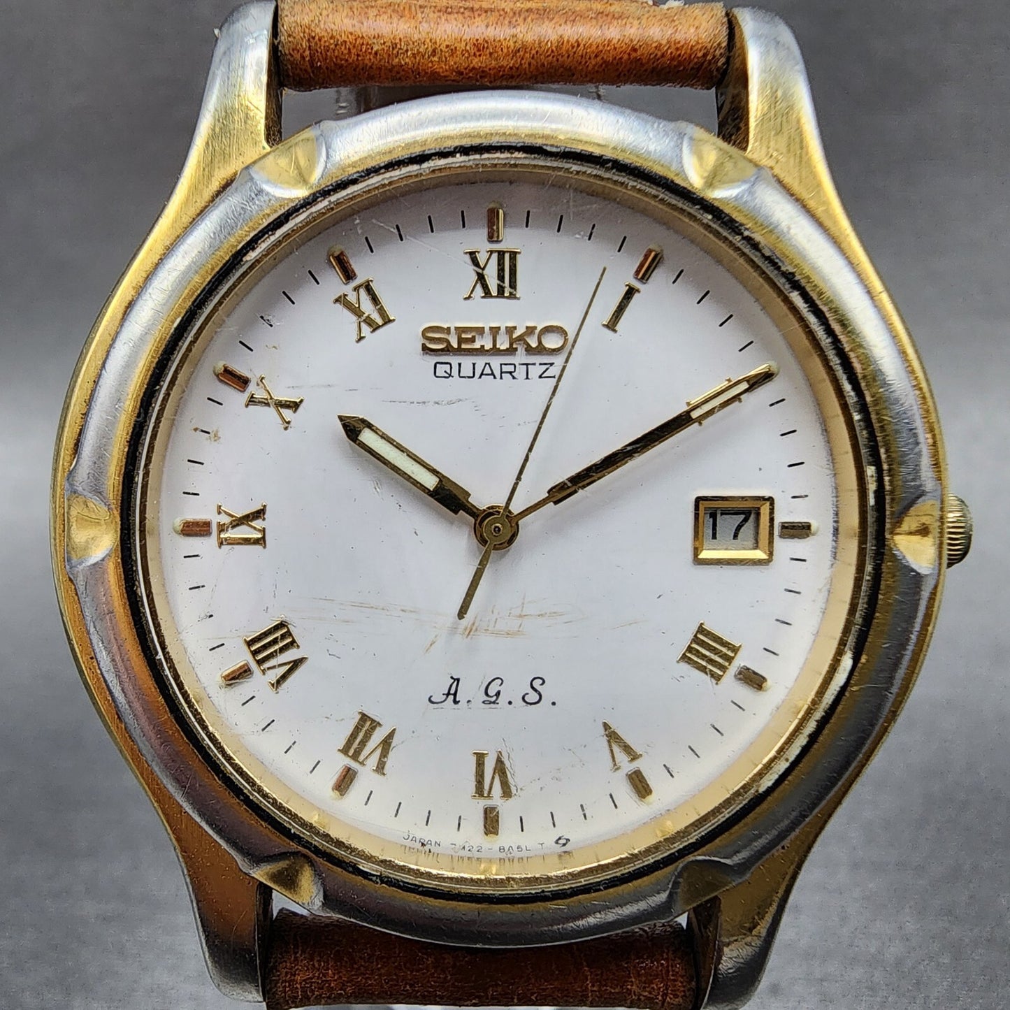 Seiko AGS Watch Men 37mm White Dial Gold Tone Date Round 7M22-8A29 PARTS