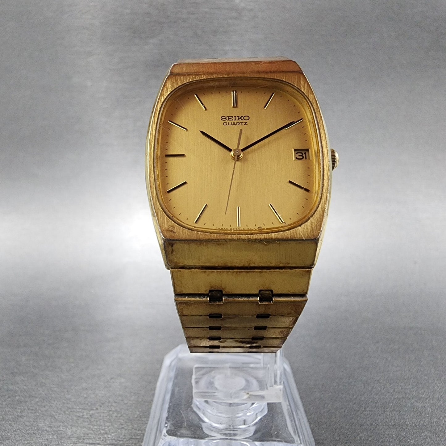 Seiko Tank Watch Men 28mm Gold Dial Gold Tone Rectangle 6532-5119 New Battery
