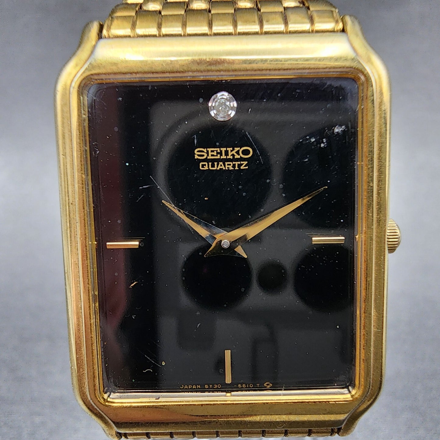 Seiko Tank Watch Men 27mm Black Dial Gold Tone Rectangle 5Y30-5189 New Battery